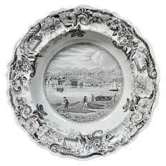 19th c. Clews Historical Brown Transferware Soup Plate Hudson River, New York