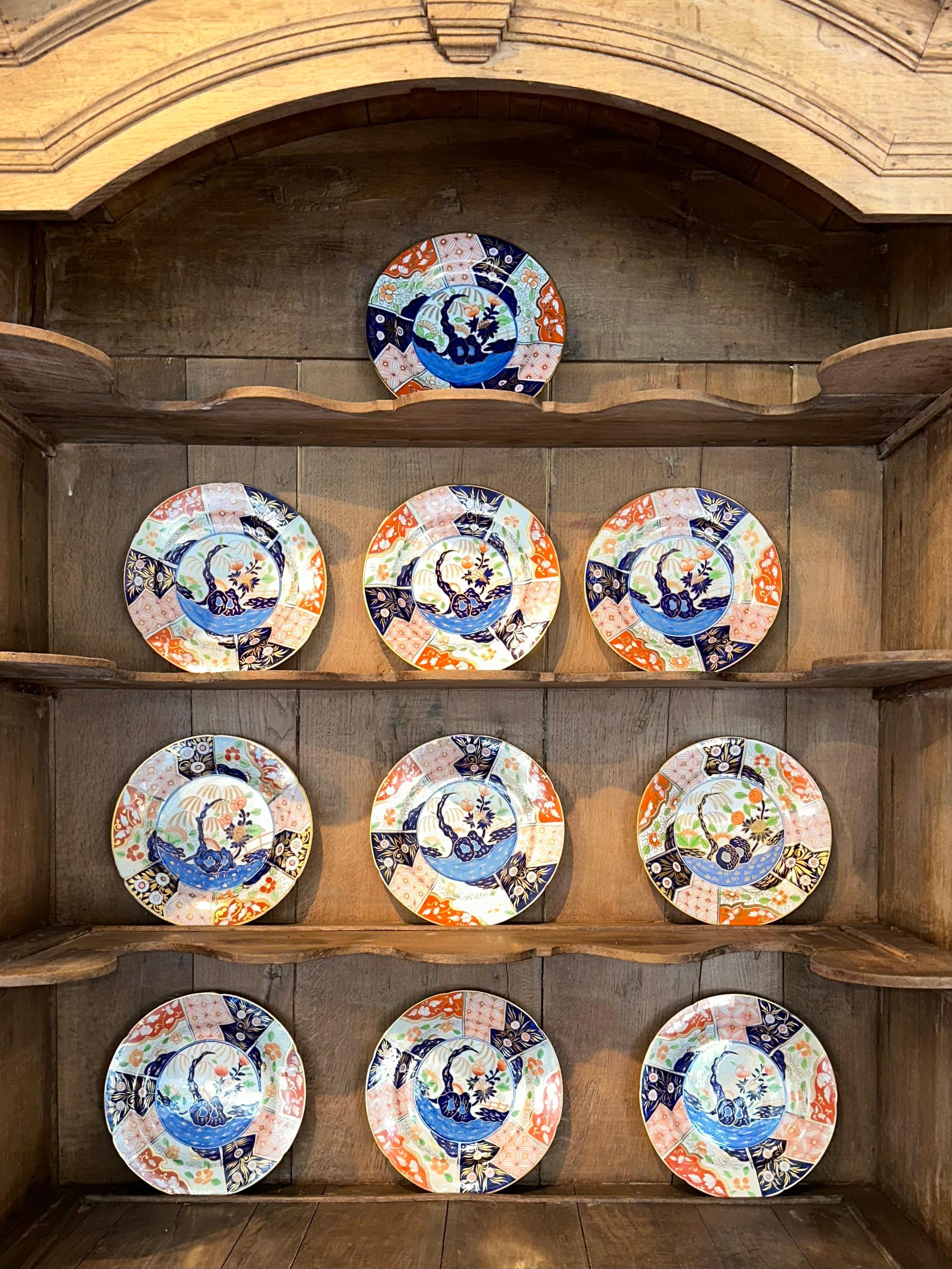 10 Coalport Imari Tree and Rock Dinner Plates. C. 1840.
Each plate in pristine condition.