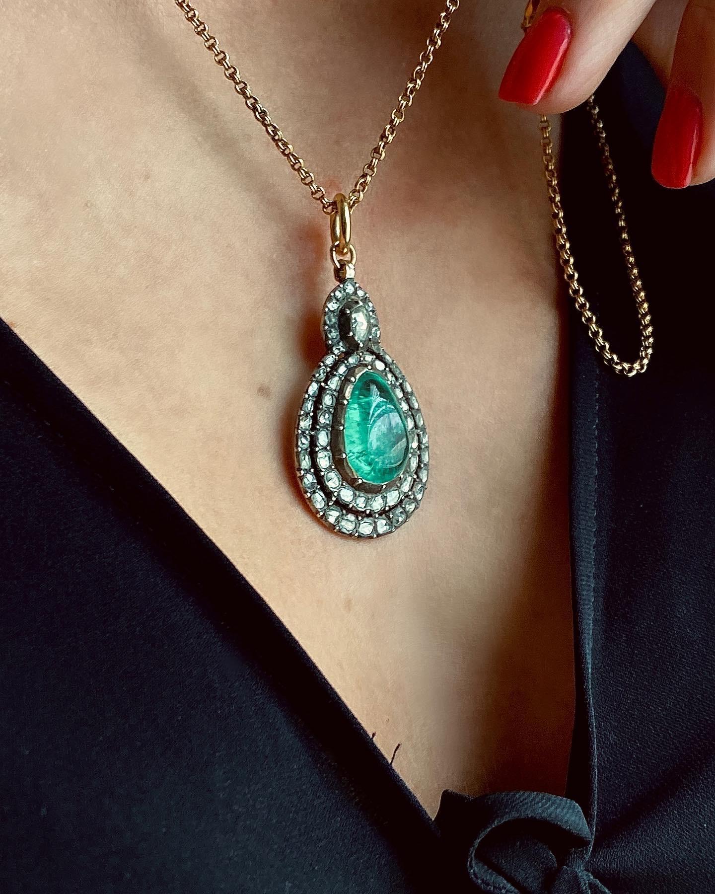 Cabochon 19th C Colombian Emerald and Rose Cut Diamond Pendant - AGL For Sale