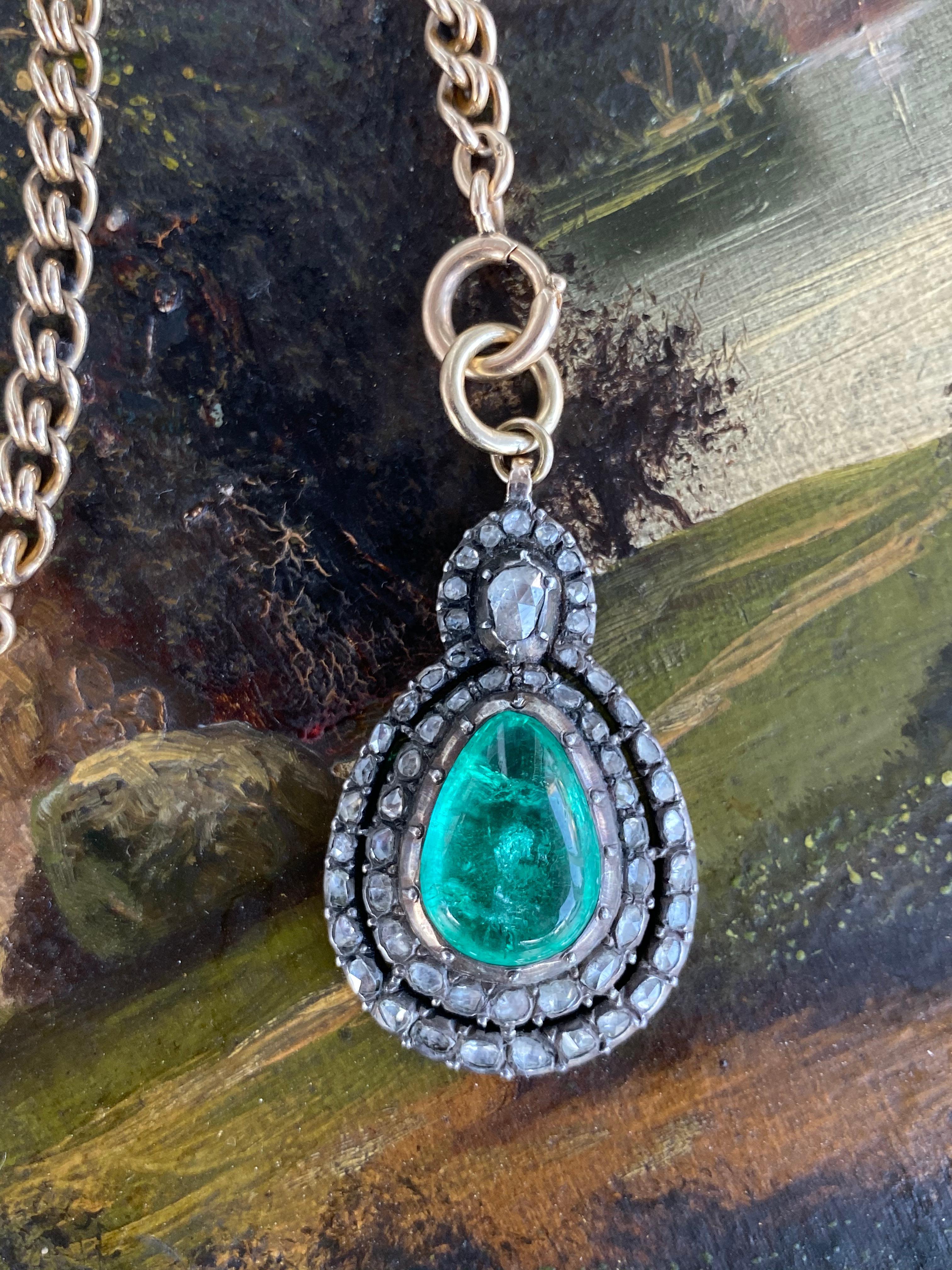 19th C Colombian Emerald and Rose Cut Diamond Pendant - AGL For Sale 1