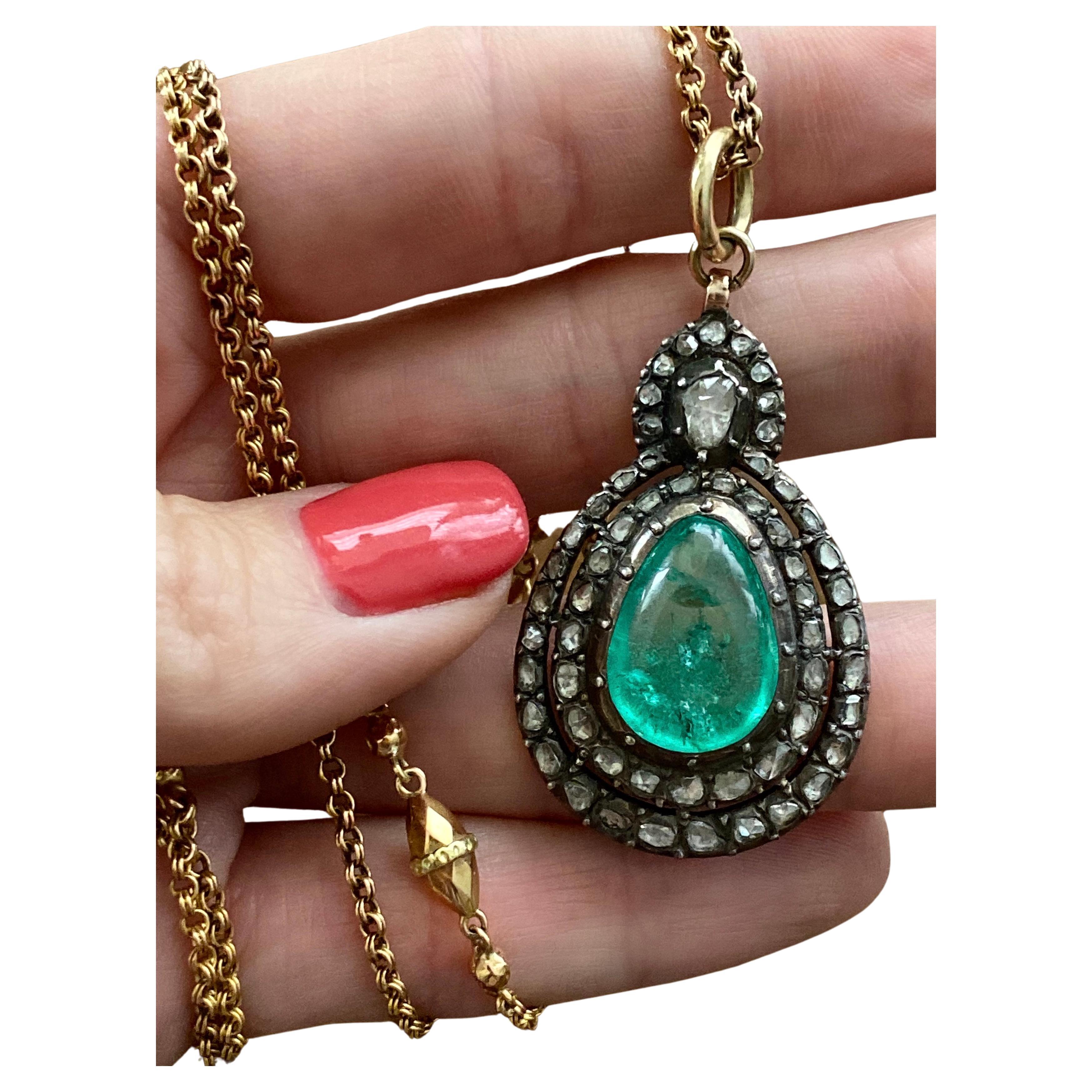 19th C Colombian Emerald and Rose Cut Diamond Pendant - AGL For Sale