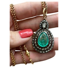 Antique 19th C Colombian Emerald and Rose Cut Diamond Pendant - AGL