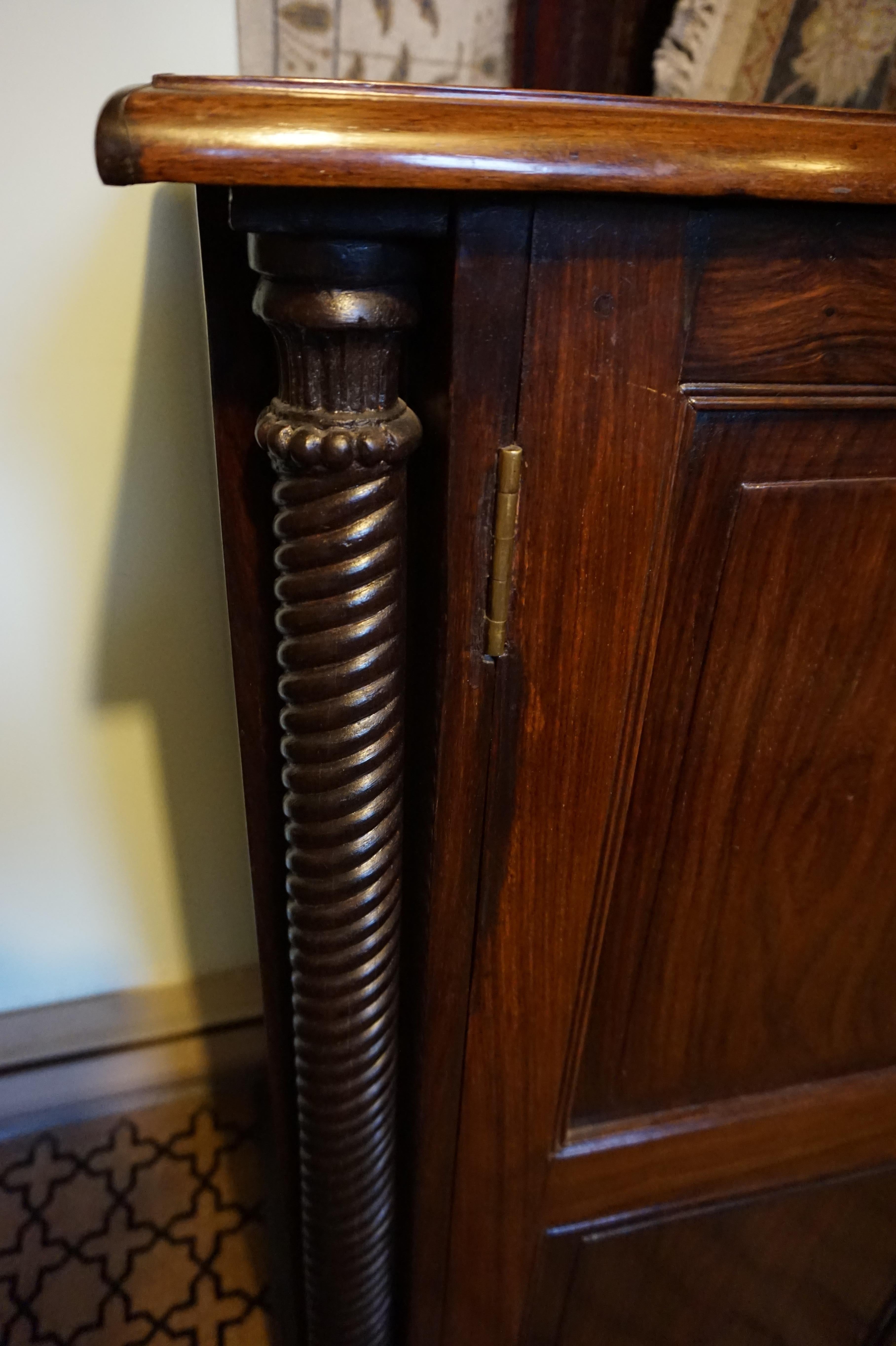 Colonial Rosewood Carved Hutch Linen Cabinet with Barley Twist Columns For Sale 3