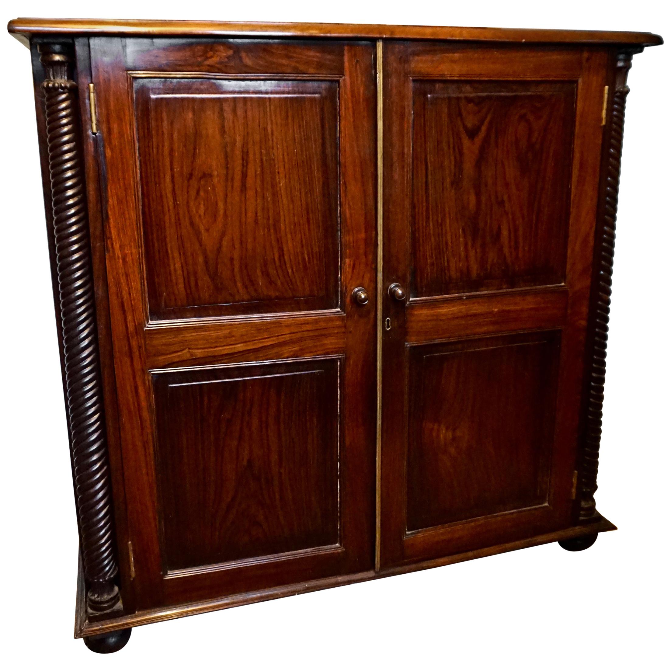 Colonial Rosewood Carved Hutch Linen Cabinet with Barley Twist Columns For Sale