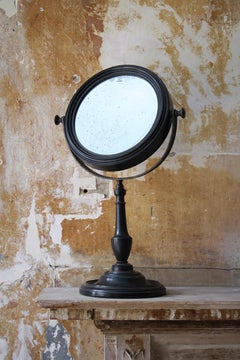 19th C Concave Ebonised and Brass Optical Scientific Foxed Mercury Mirror