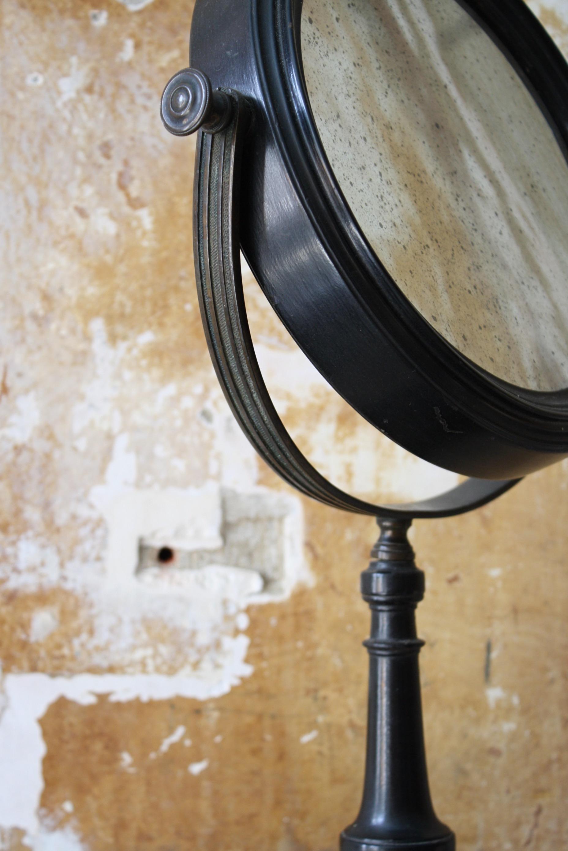 19th C Concave Ebonised and Brass Optical Scientific Foxed Mercury Mirror In Good Condition In Lowestoft, GB