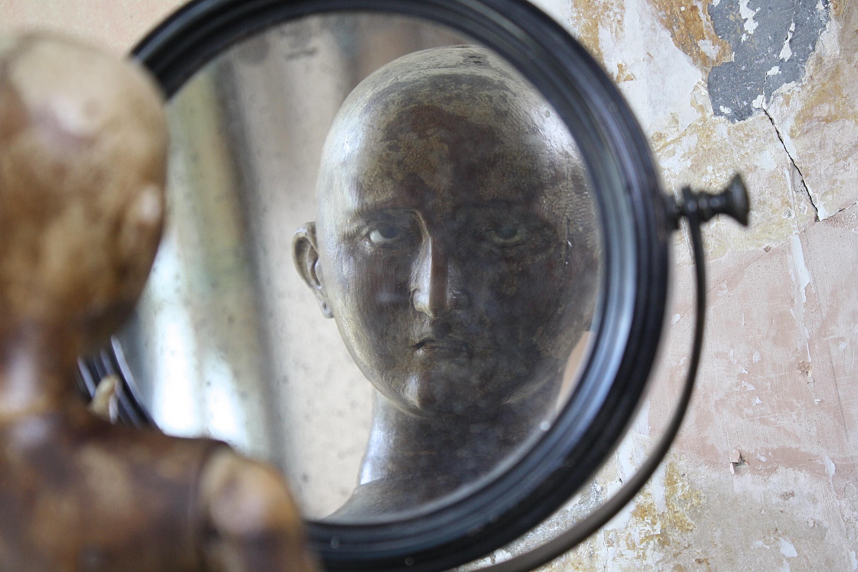 19th C Concave Ebonised and Brass Optical Scientific Foxed Mercury Mirror 3