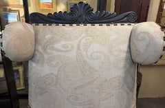 19th c Continental Carved Arm Throne Chair w/ Scrolled Arms & Turned Stretchers