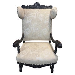 19th c Continental Carved Arm Throne Chair w/ Scrolled Arms & Turned Stretchers