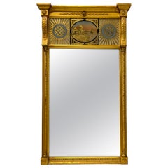 19th-C Continental Federal Style Water Gilt Eglomise Trumeau Mirror