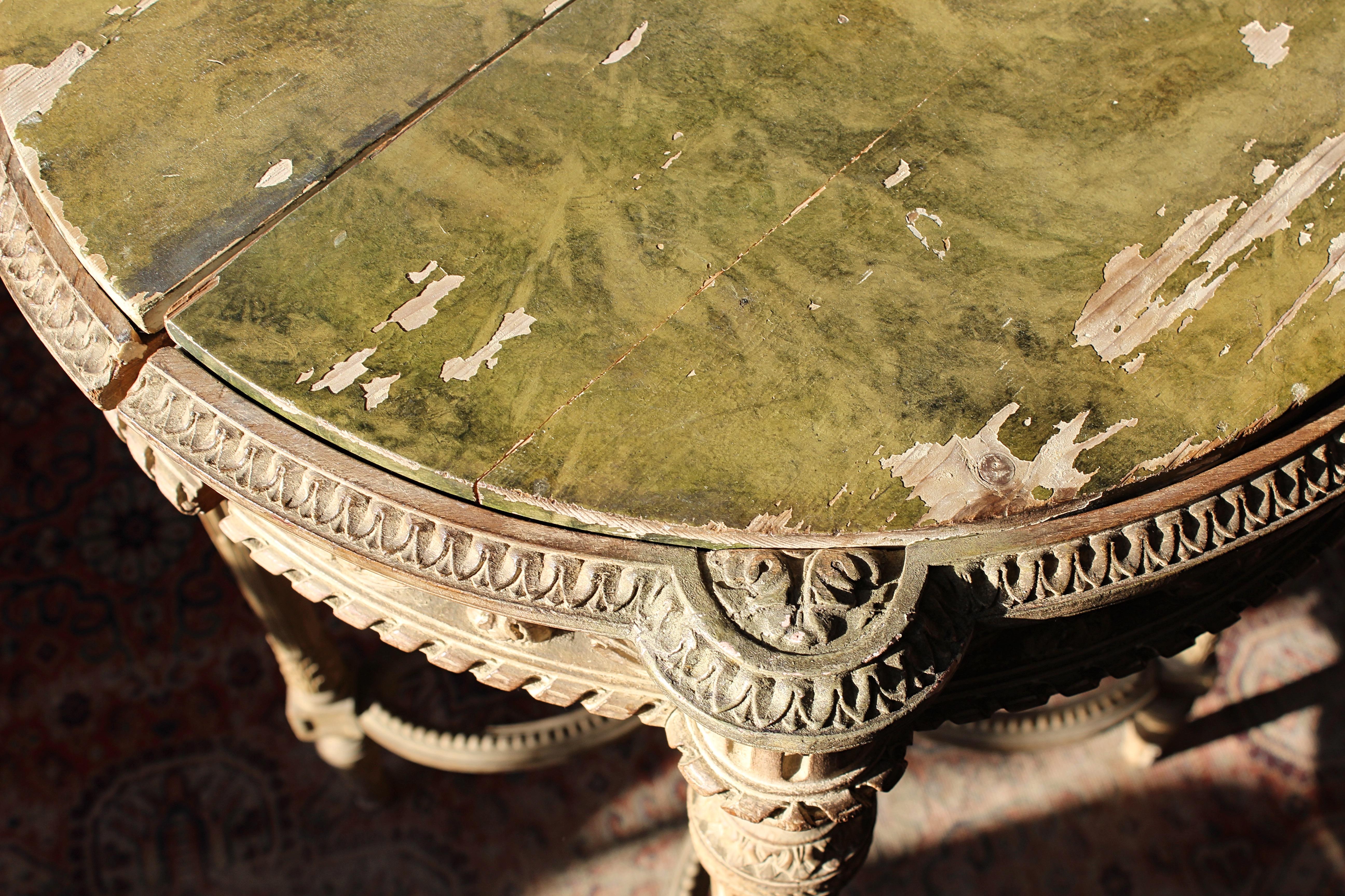 19th C Continental Lime Wood Demi Lune Pair Console Tables Faux Marble Painted  For Sale 9
