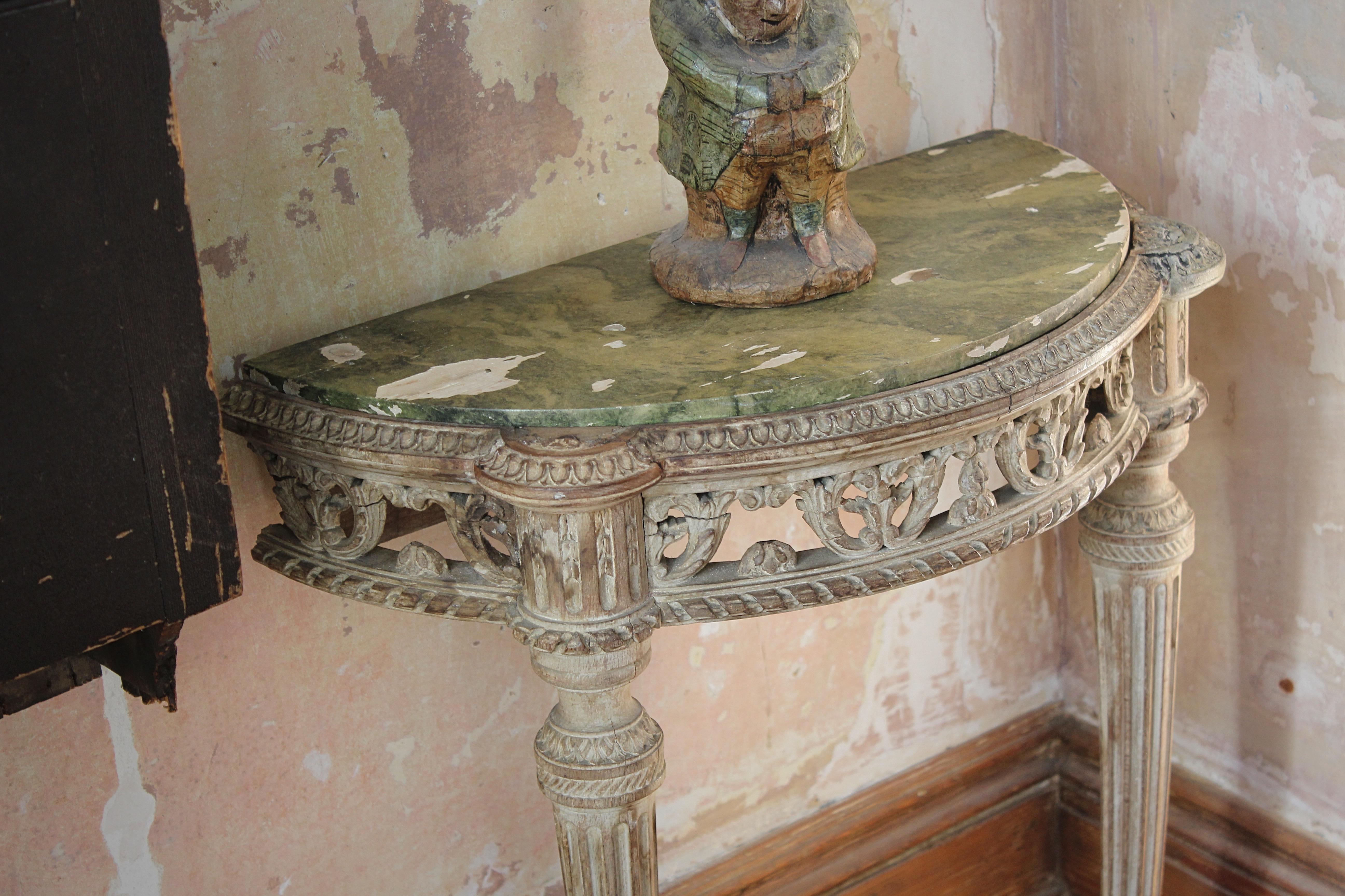 Hand-Painted 19th C Continental Lime Wood Demi Lune Pair Console Tables Faux Marble Painted  For Sale