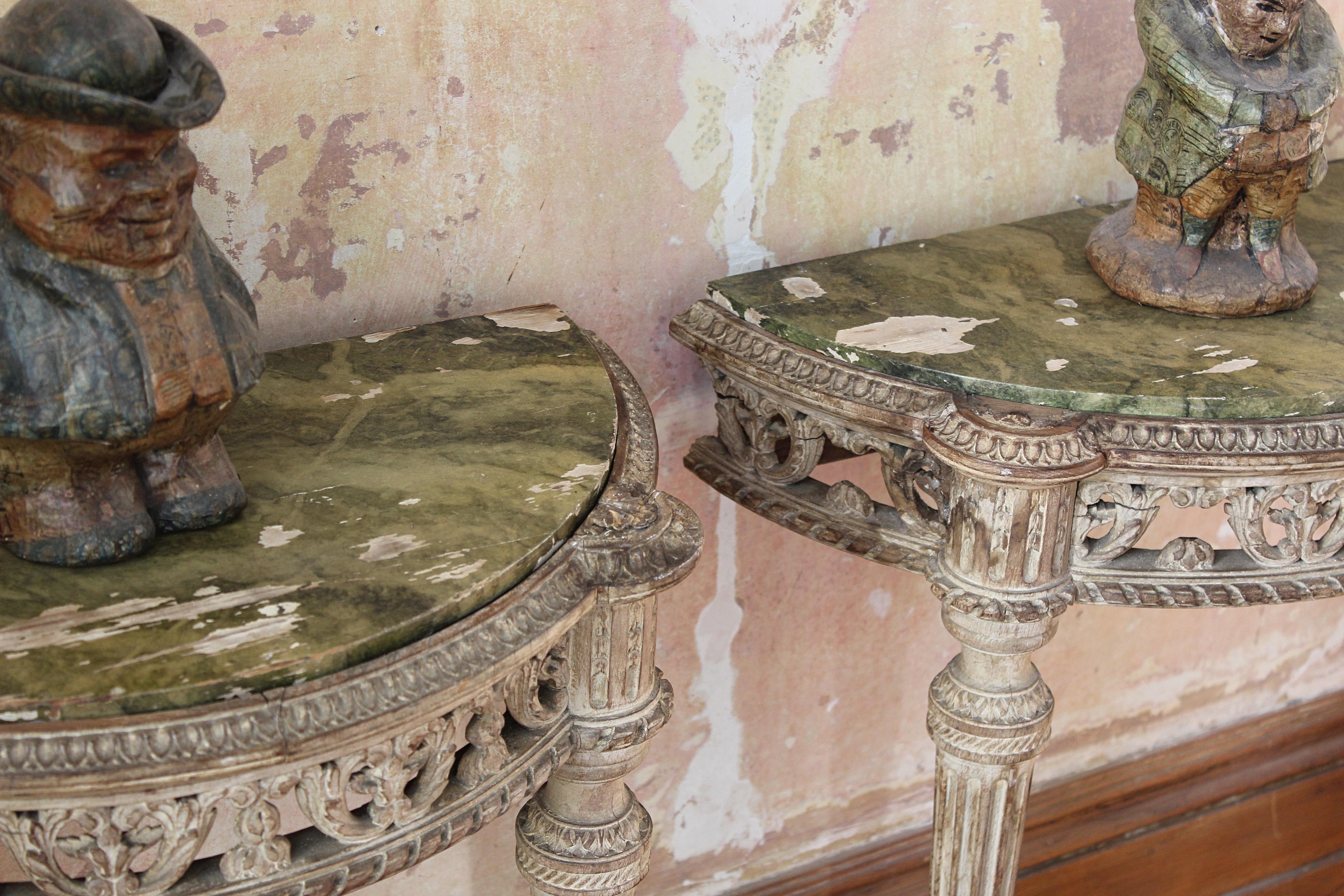 19th Century 19th C Continental Lime Wood Demi Lune Pair Console Tables Faux Marble Painted  For Sale