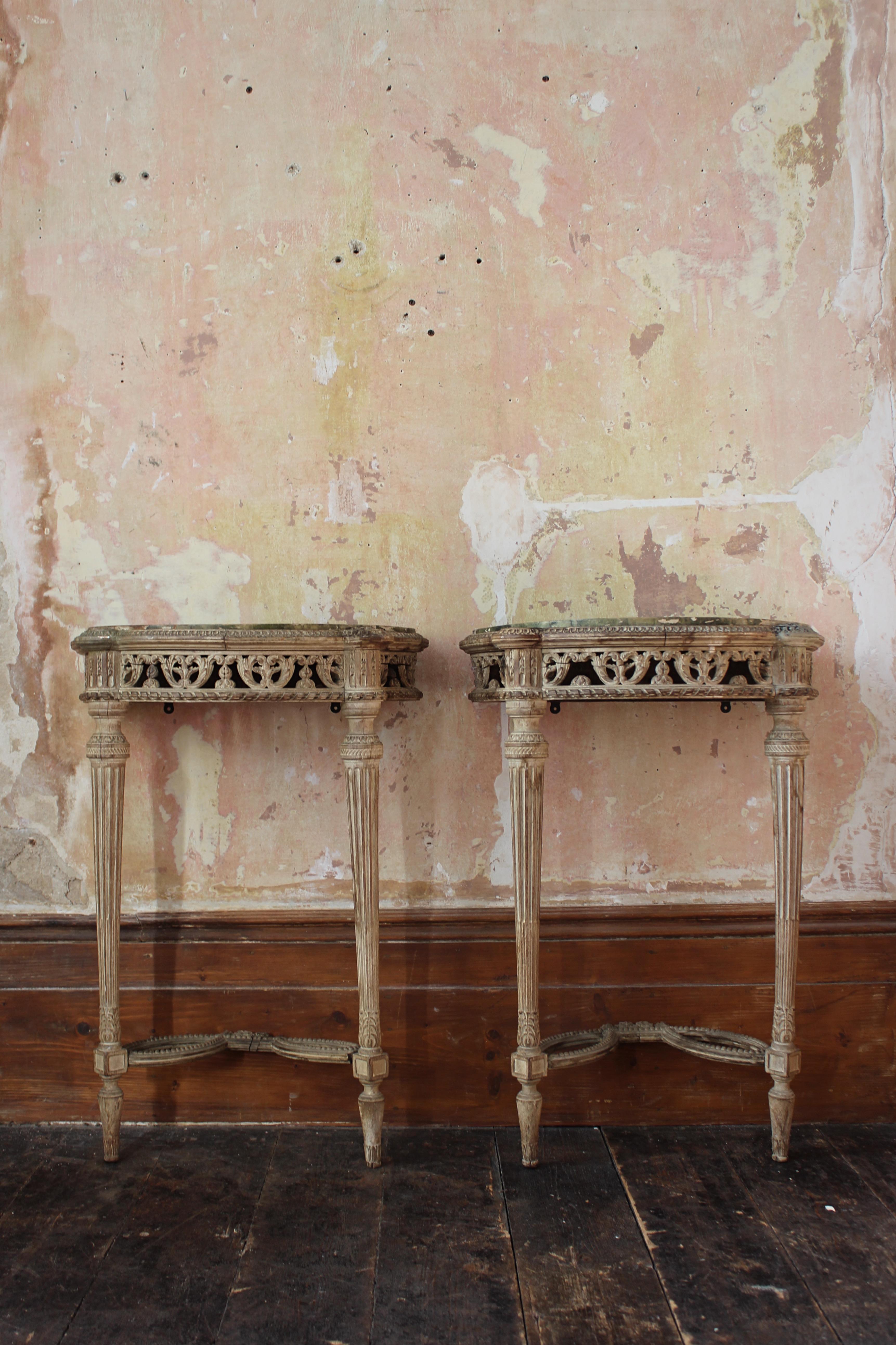 Softwood 19th C Continental Lime Wood Demi Lune Pair Console Tables Faux Marble Painted  For Sale