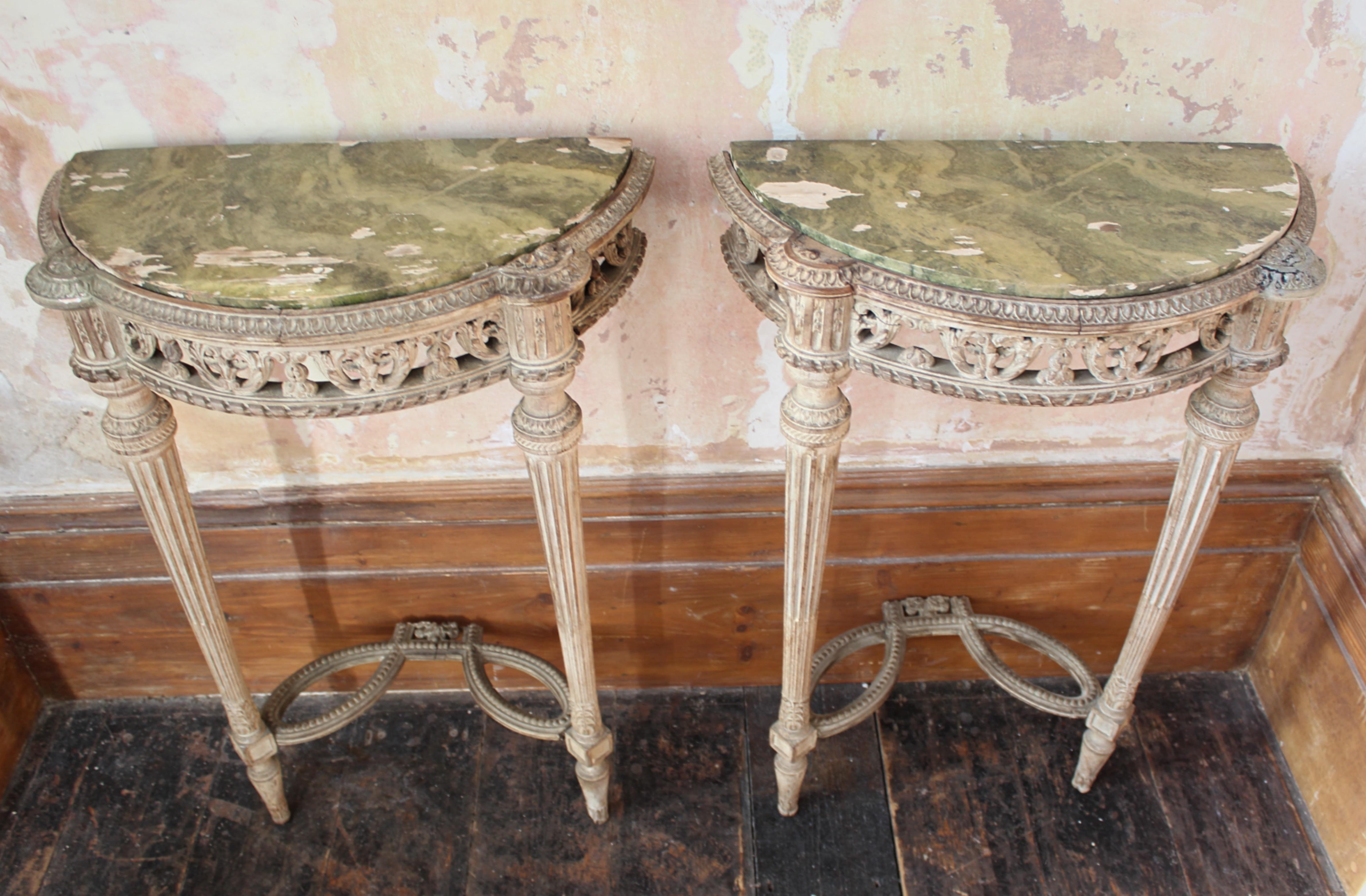 19th C Continental Lime Wood Demi Lune Pair Console Tables Faux Marble Painted  For Sale 1