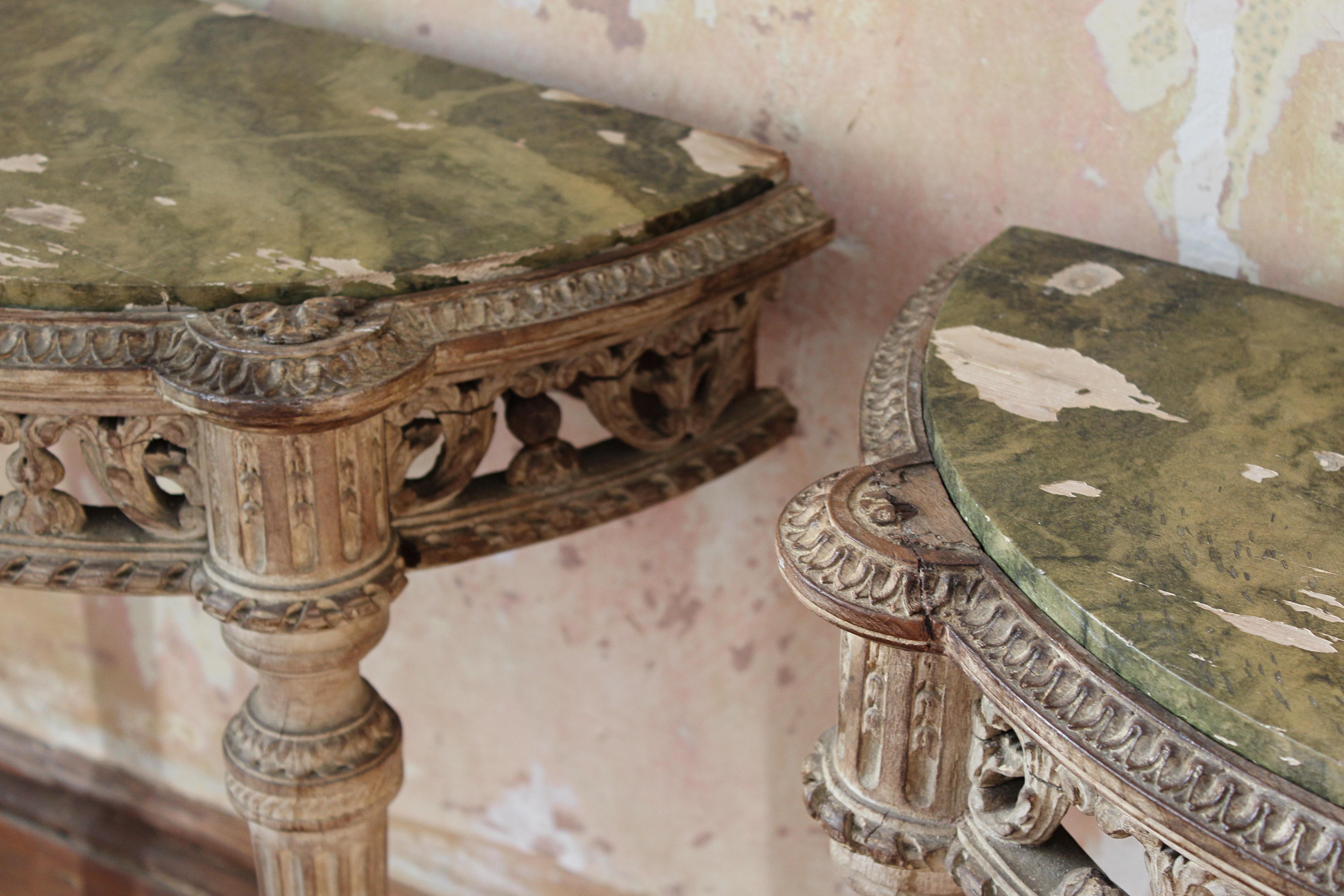 19th C Continental Lime Wood Demi Lune Pair Console Tables Faux Marble Painted  For Sale 2