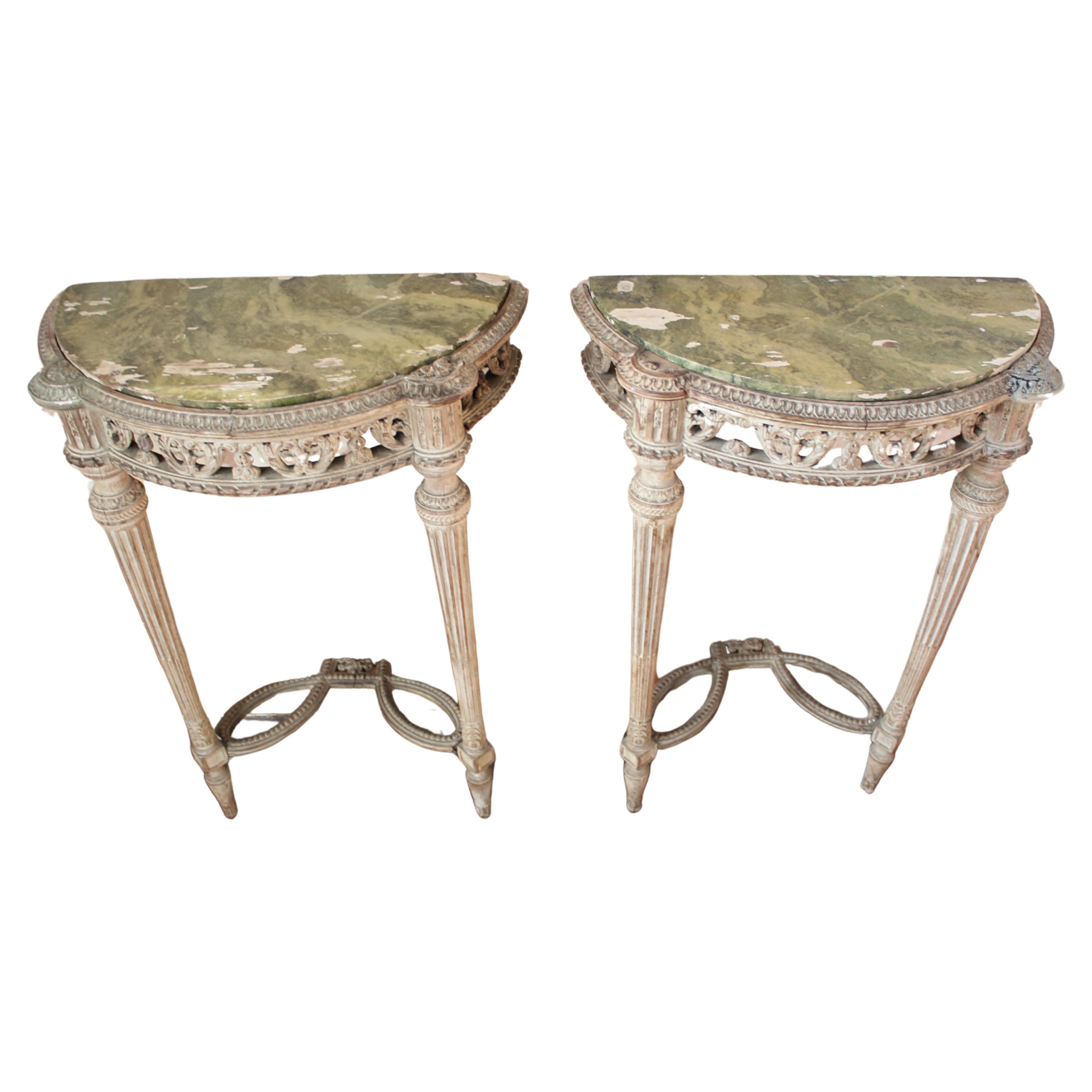 19th C Continental Lime Wood Demi Lune Pair Console Tables Faux Marble Painted  For Sale