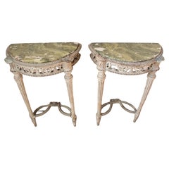 Antique 19th C Continental Lime Wood Demi Lune Pair Console Tables Faux Marble Painted 