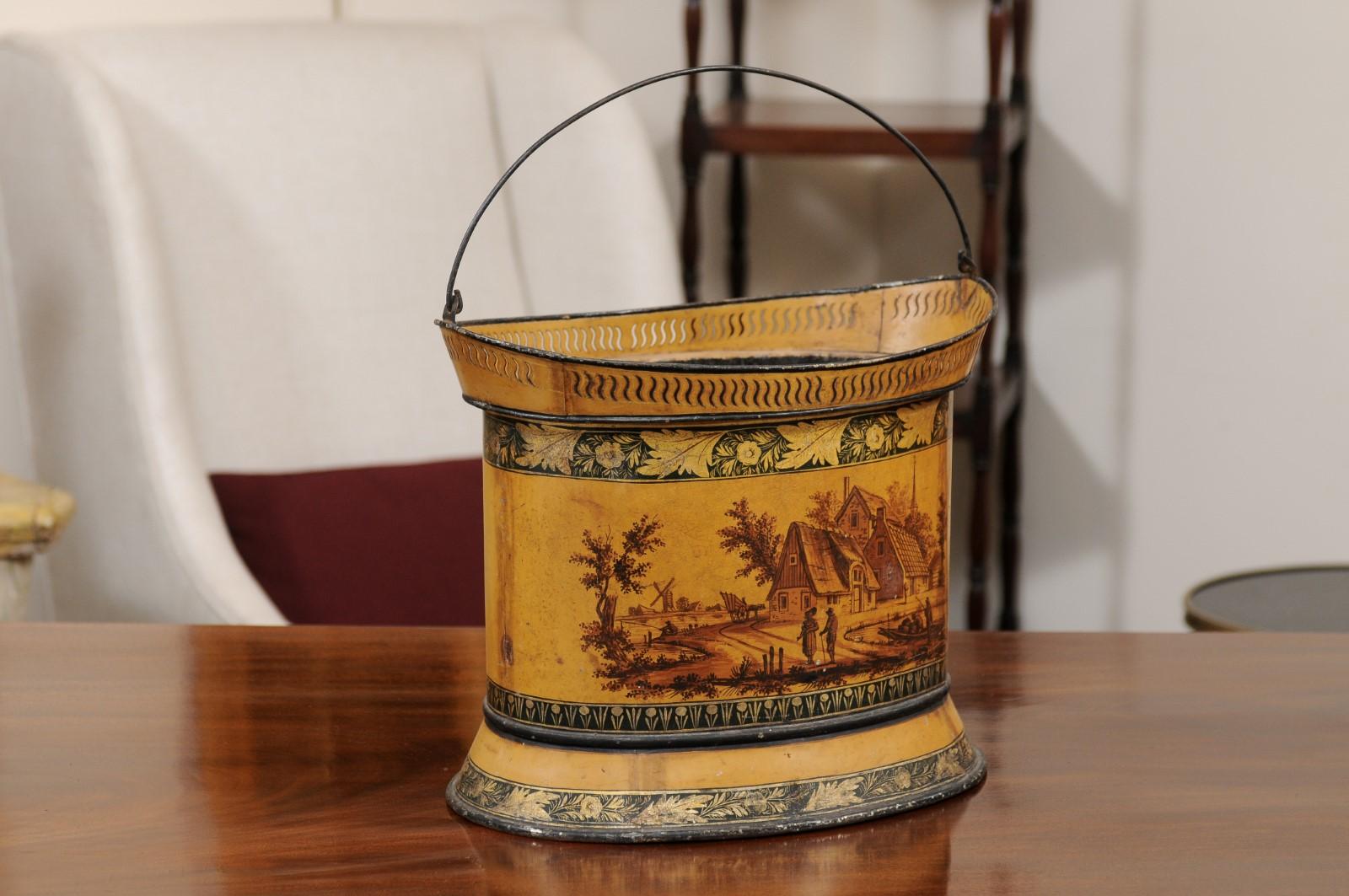 19th c Continental Yellow Painted Tole Cachepot / Bucket with Landscape Scence For Sale 6