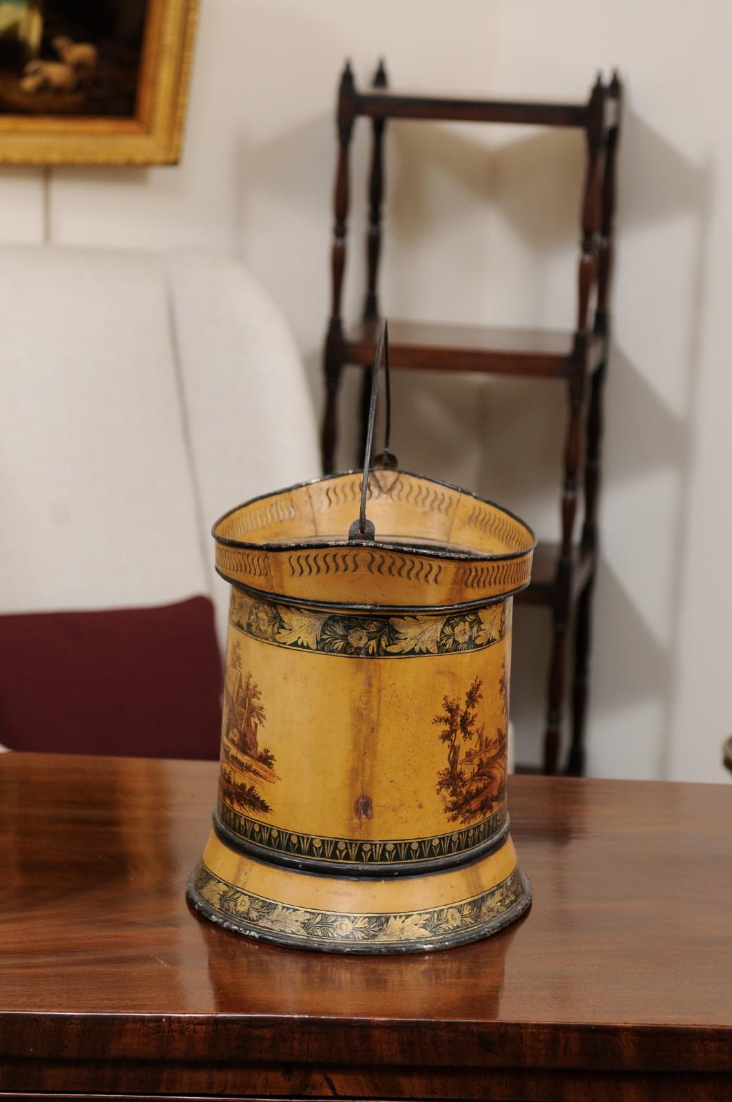 19th c Continental Yellow Painted Tole Cachepot / Bucket with Landscape Scence For Sale 7