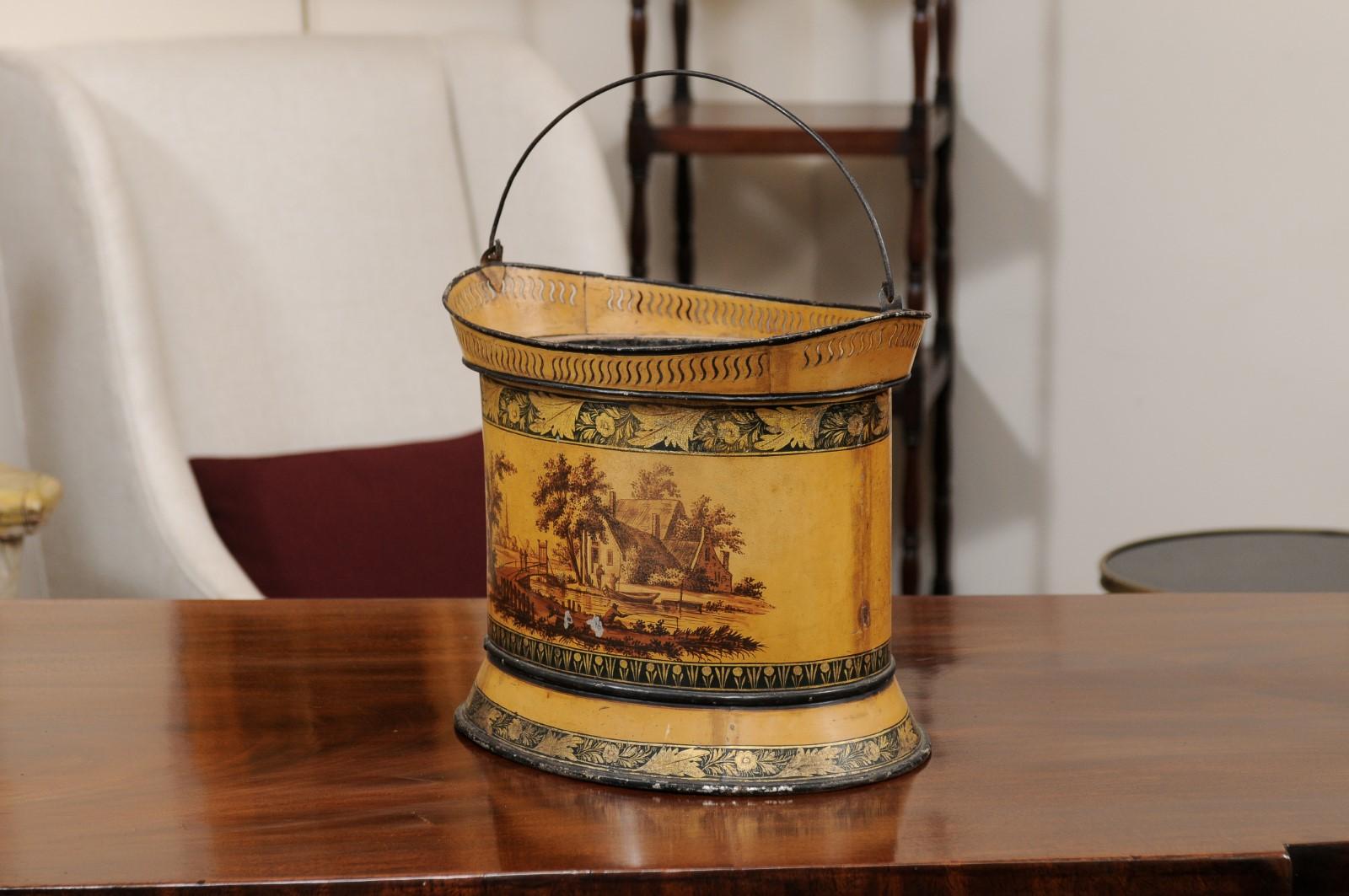 19th c Continental Yellow Painted Tole Cachepot / Bucket with Landscape Scence For Sale 8