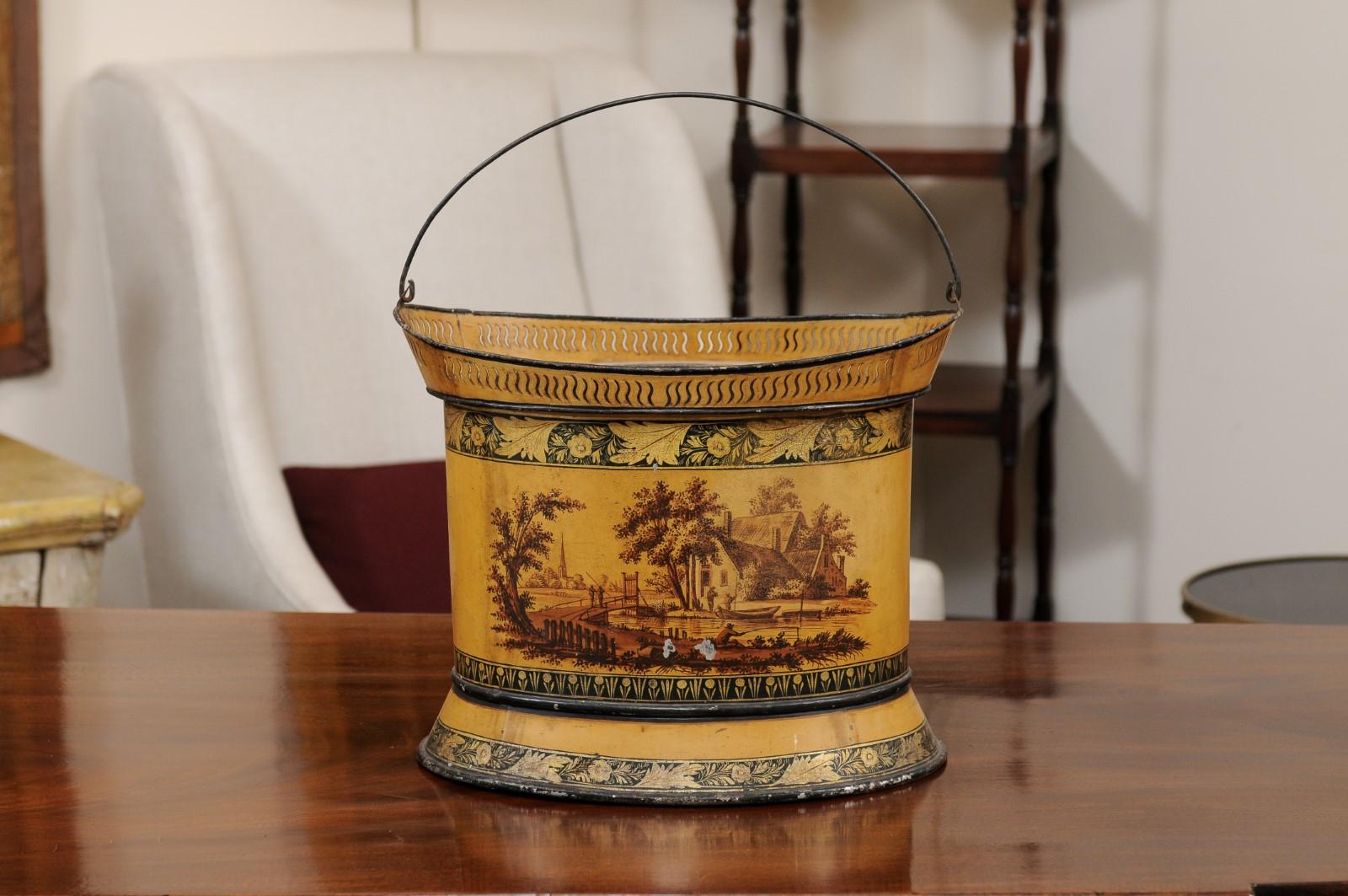 19th c Continental Yellow Painted Tole Cachepot / Bucket with Landscape Scence For Sale 9