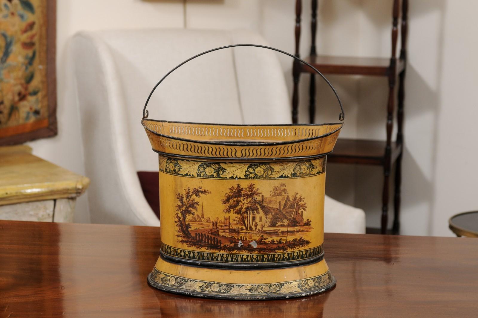 19th Century Continental Yellow Painted Tole Cachepot / Bucket with Landscape Scene & Pierced Rim, & Handle
