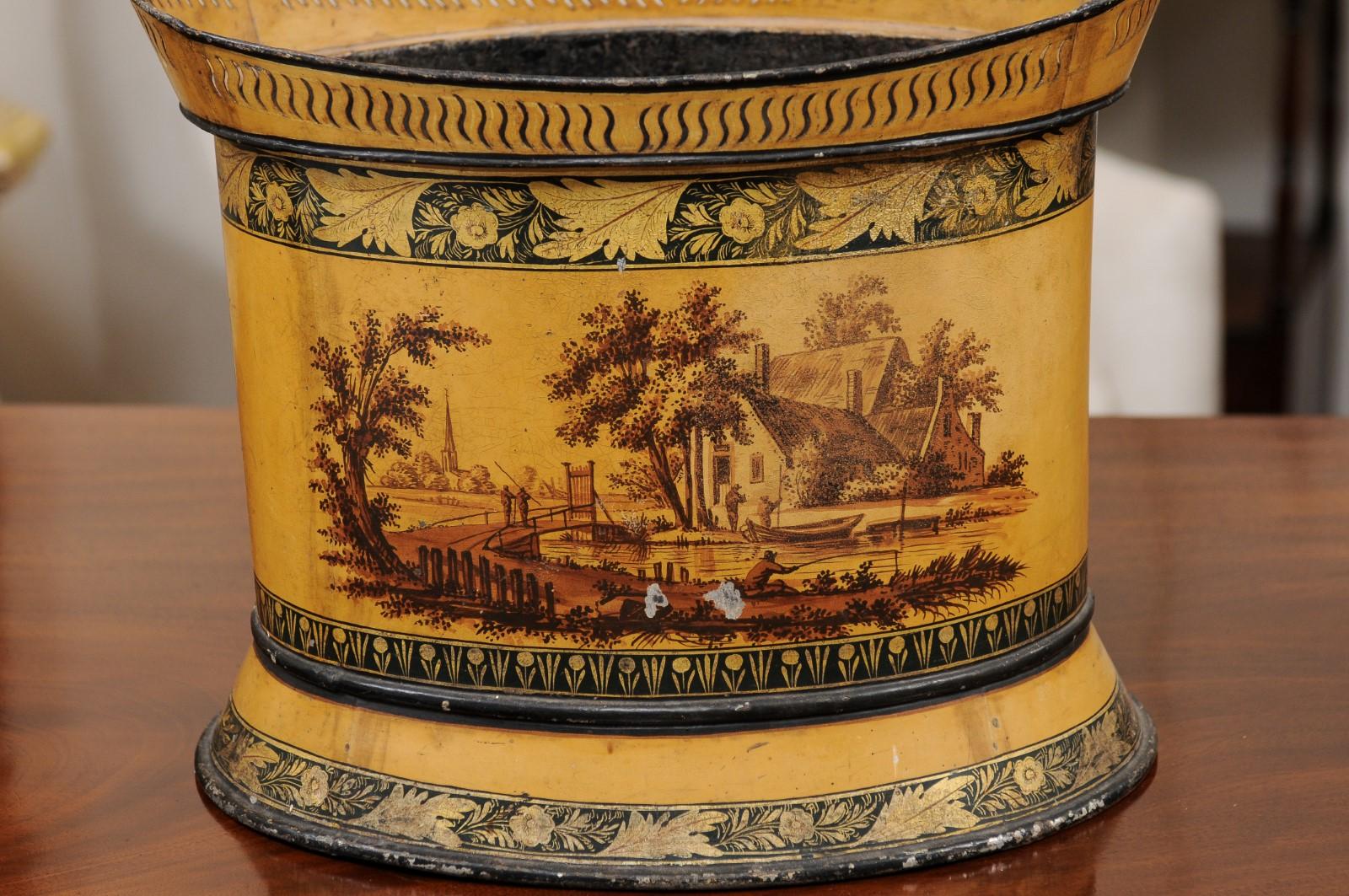 19th c Continental Yellow Painted Tole Cachepot / Bucket with Landscape Scence In Good Condition For Sale In Atlanta, GA