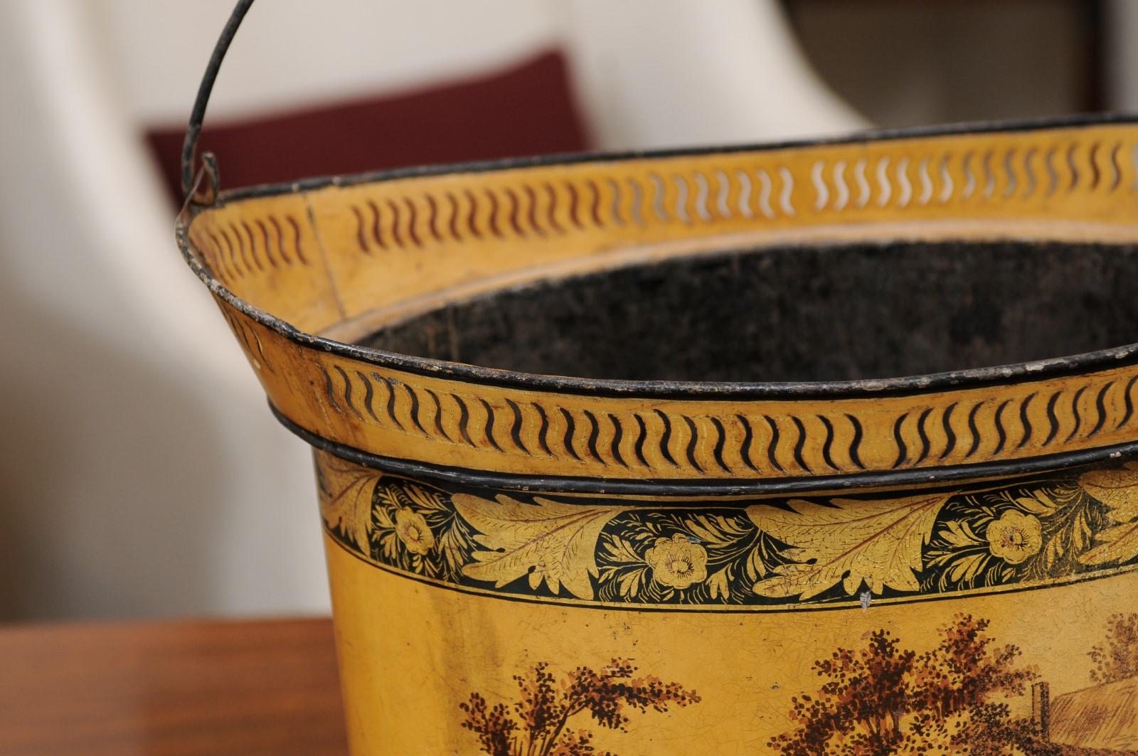 19th c Continental Yellow Painted Tole Cachepot / Bucket with Landscape Scence For Sale 1