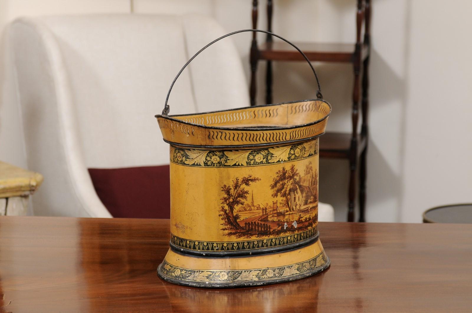 19th c Continental Yellow Painted Tole Cachepot / Bucket with Landscape Scence For Sale 2