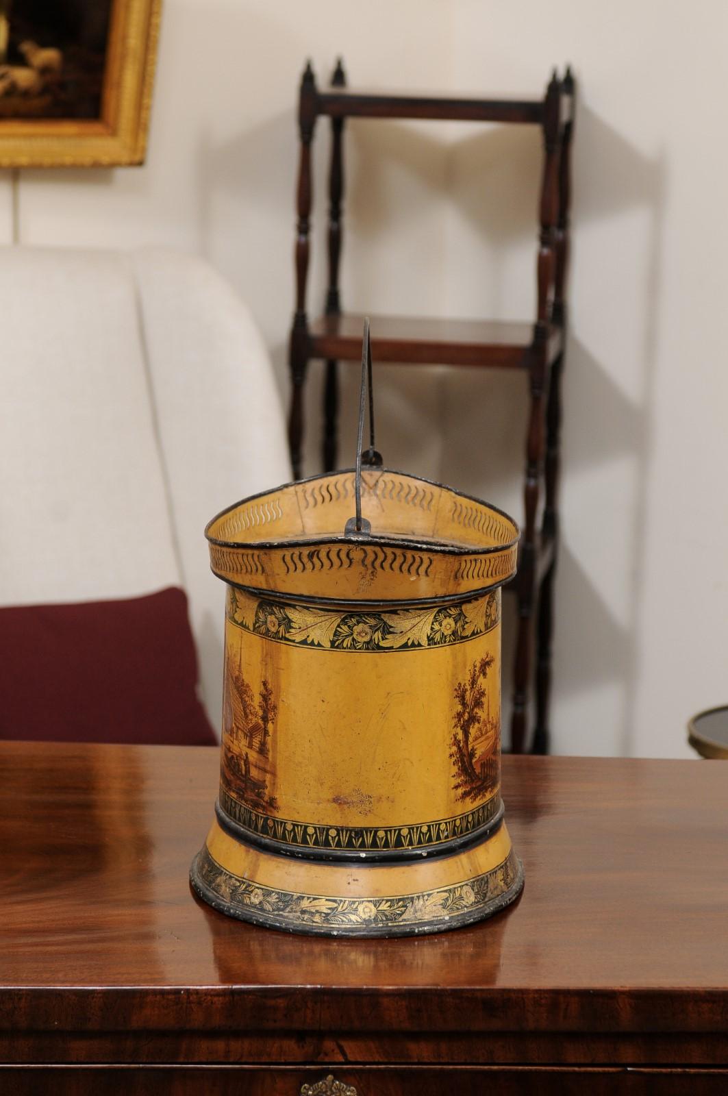 19th c Continental Yellow Painted Tole Cachepot / Bucket with Landscape Scence For Sale 3