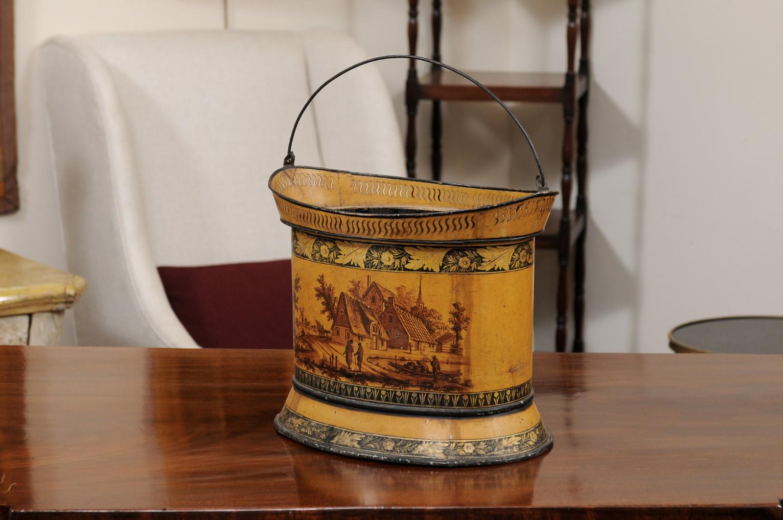 19th c Continental Yellow Painted Tole Cachepot / Bucket with Landscape Scence For Sale 4