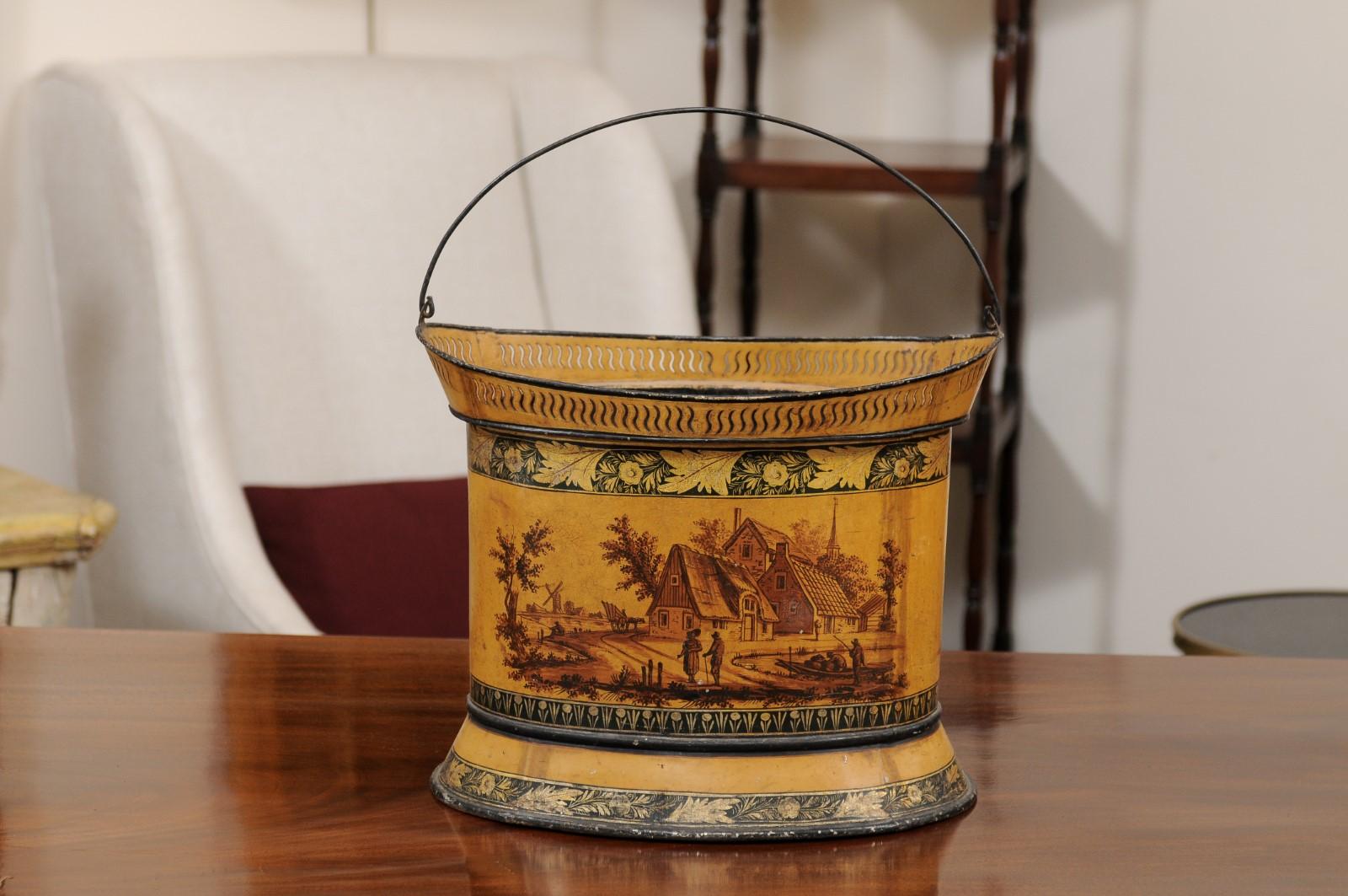 19th c Continental Yellow Painted Tole Cachepot / Bucket with Landscape Scence For Sale 5