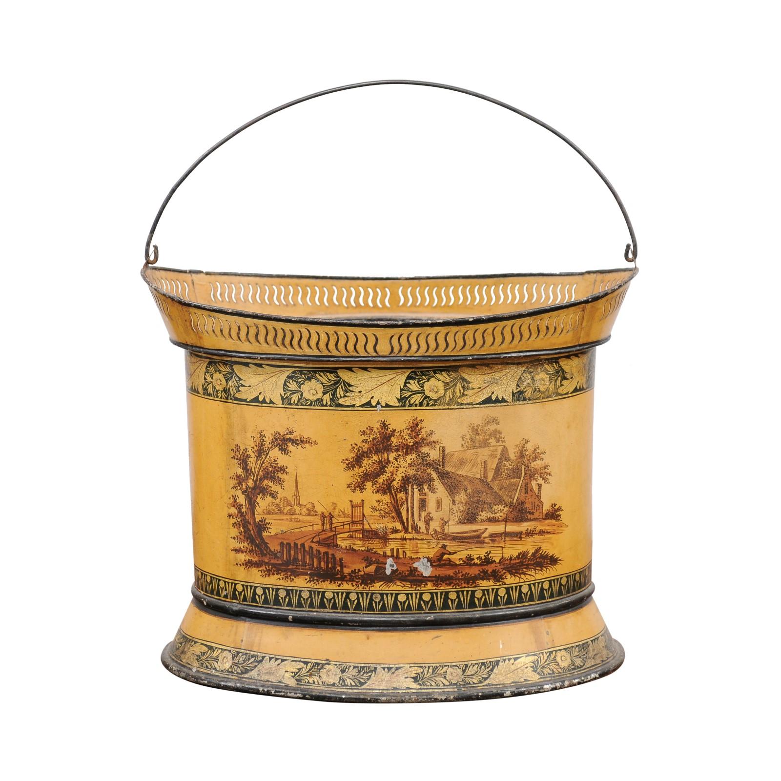 19th c Continental Yellow Painted Tole Cachepot / Bucket with Landscape Scence For Sale