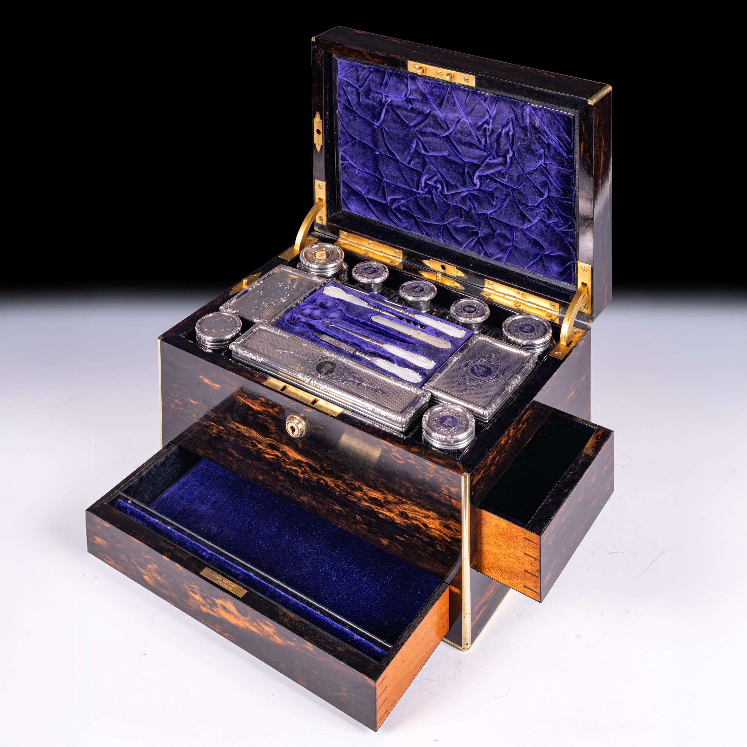 Victorian 19th C. Coromandel & Silver-Mounted Vanity Case Retailed By Mayer & Co Liverpool For Sale