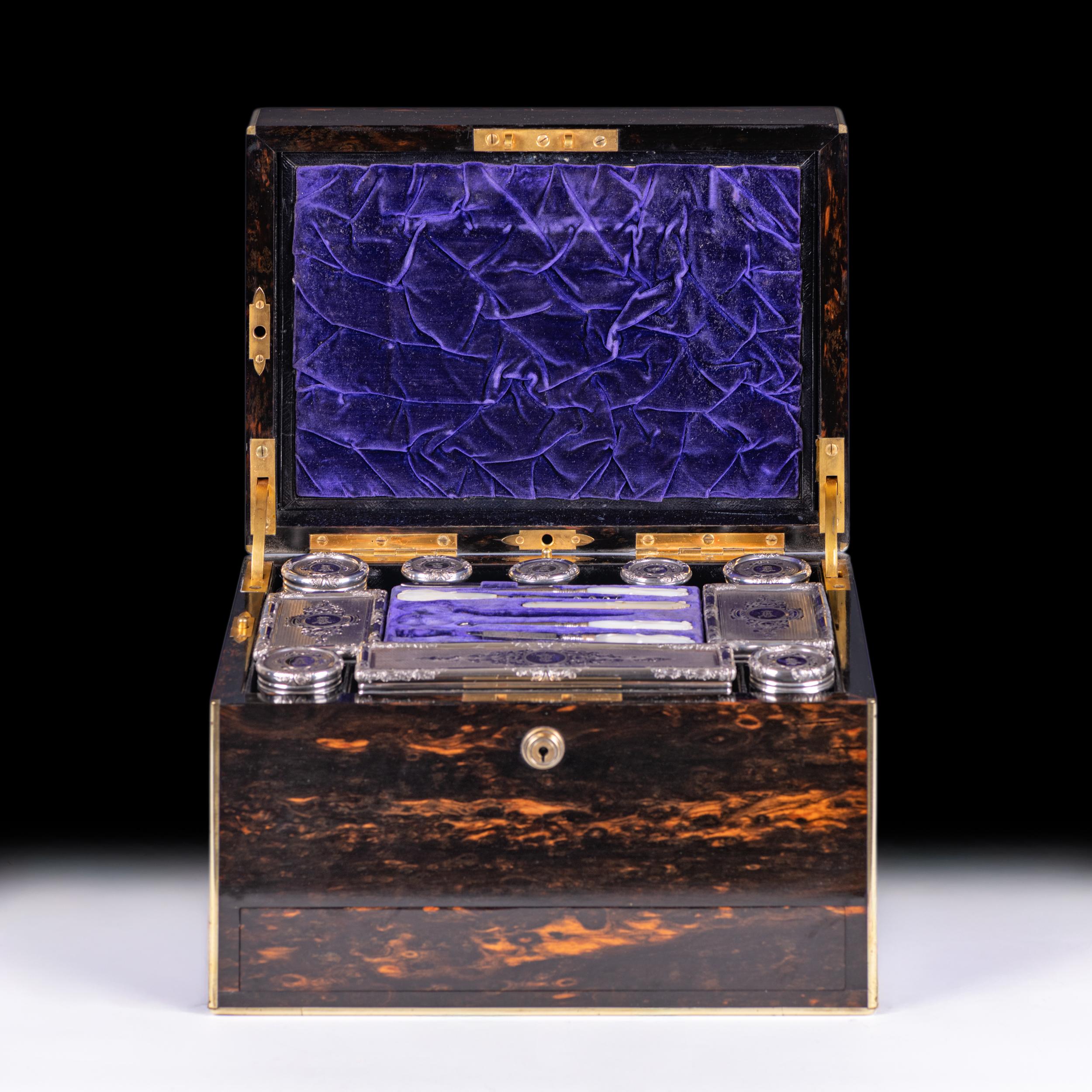 English 19th C. Coromandel & Silver-Mounted Vanity Case Retailed By Mayer & Co Liverpool For Sale