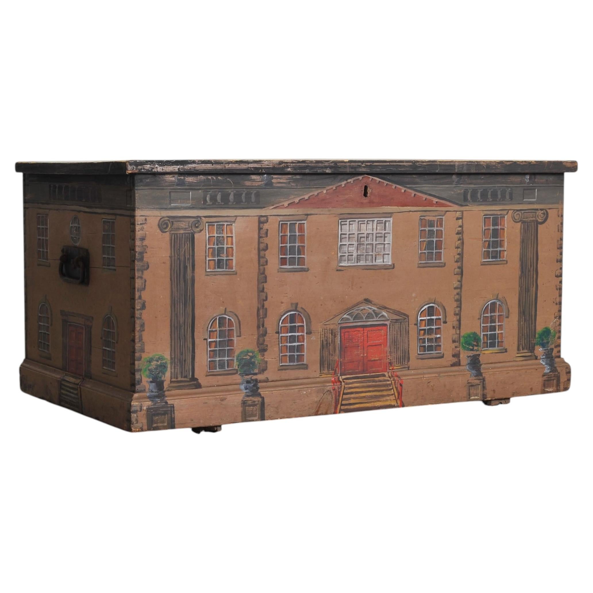 19th C. Country English Georgian House Facade Painted Trunk For Sale