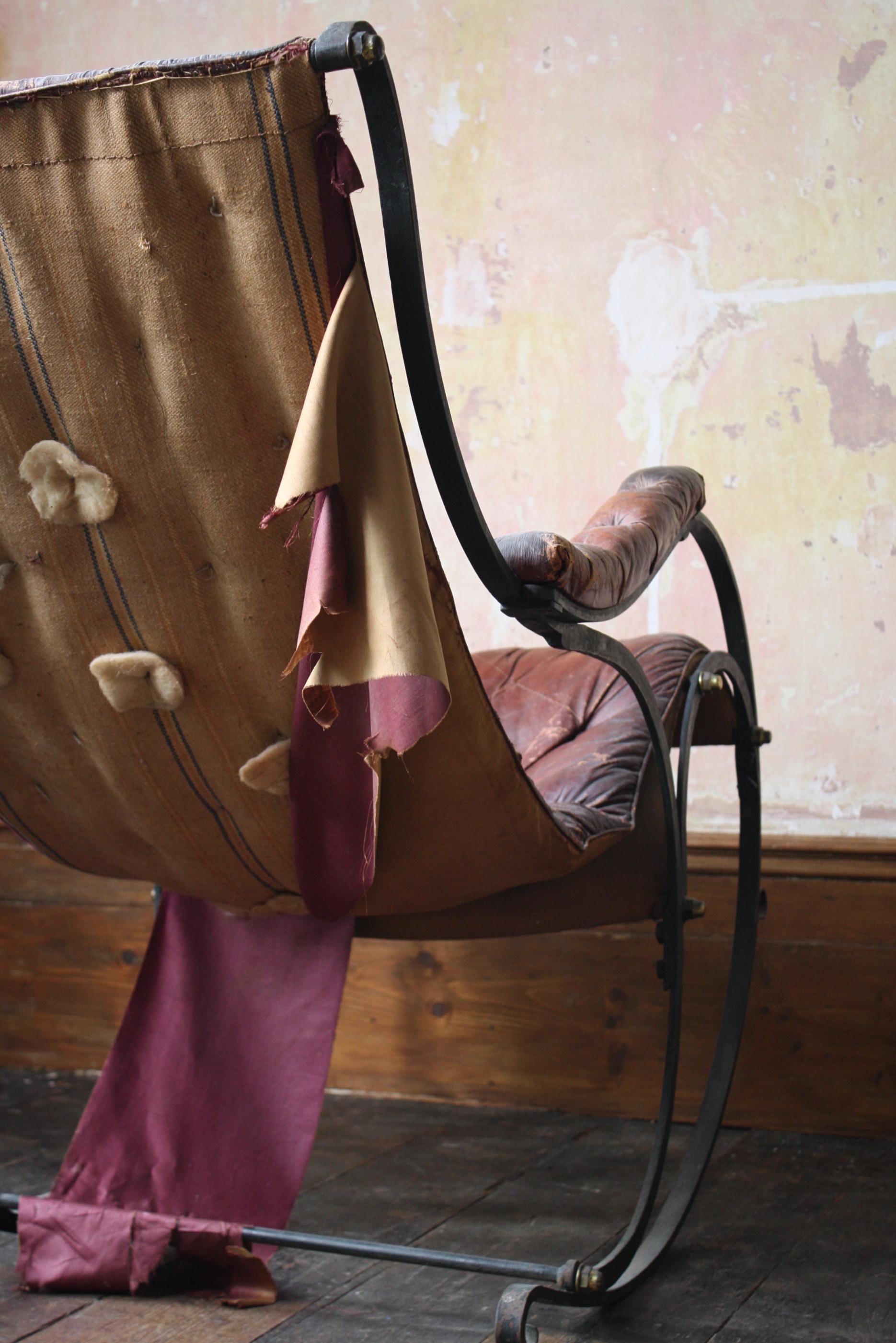 19th C Country House Campaign Ox Blood Leather Iron Rocking Chair R.W. Winfield For Sale 2