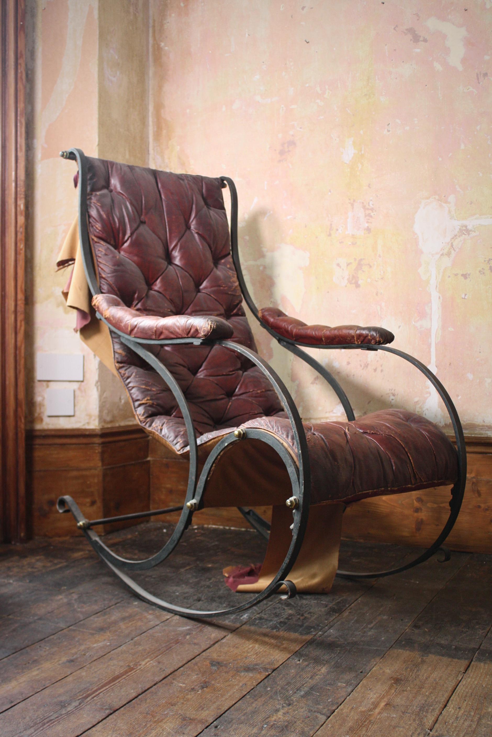 19th C Country House Campaign Ox Blood Leather Iron Rocking Chair R.W. Winfield For Sale 4