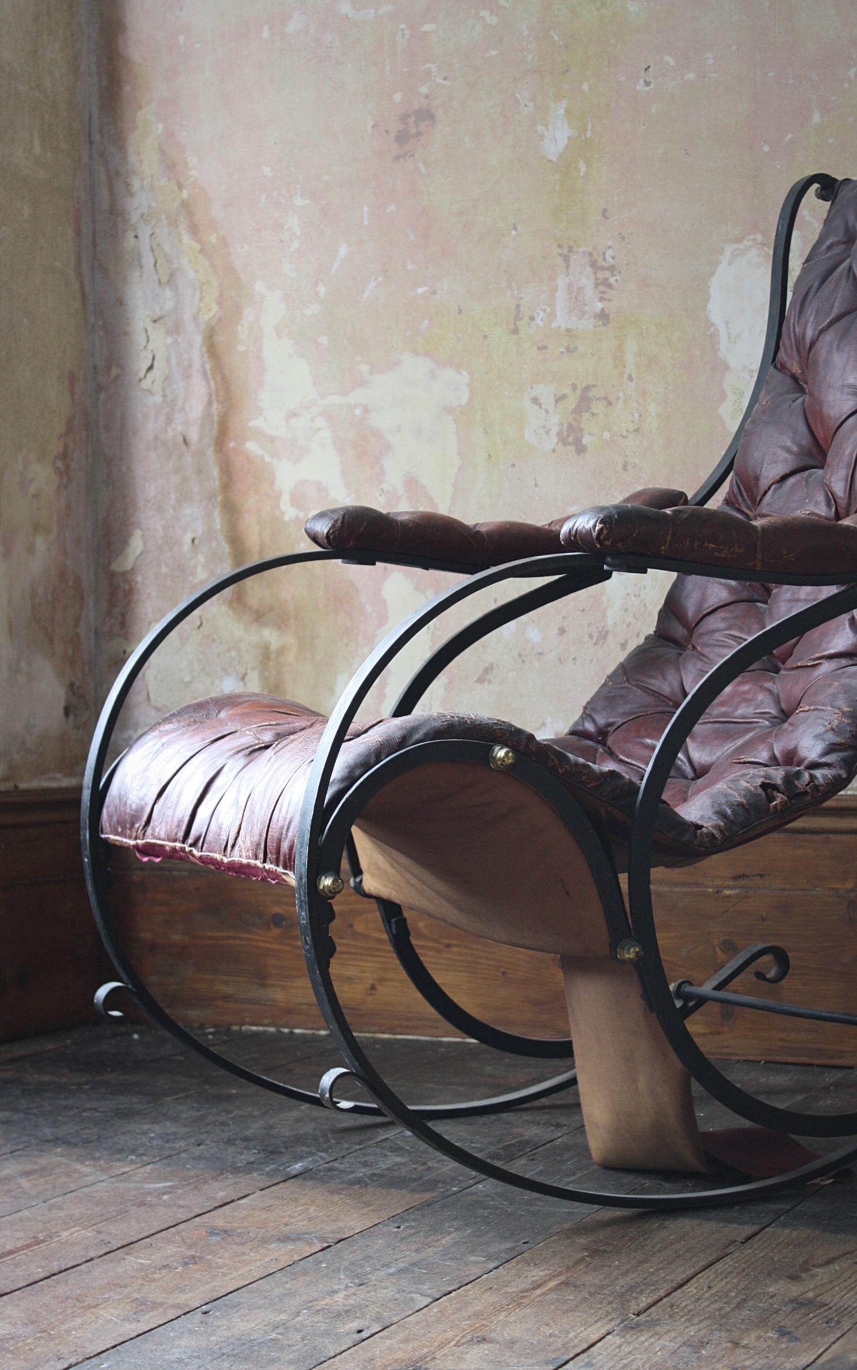 19th C Country House Campaign Ox Blood Leather Iron Rocking Chair R.W. Winfield For Sale 5