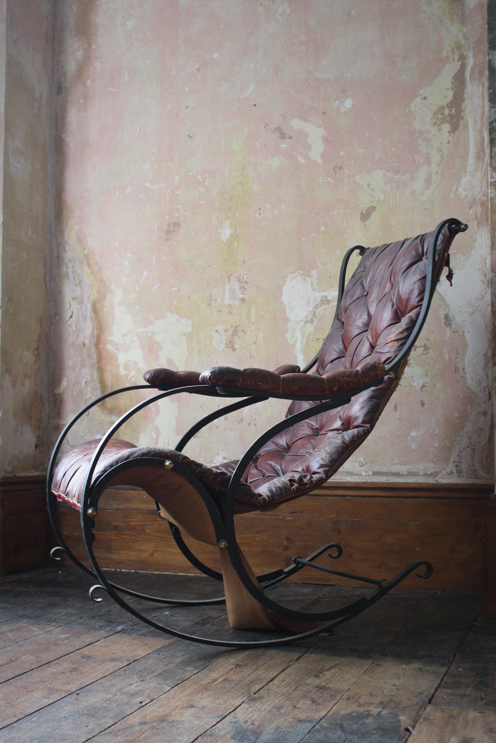 19th C Country House Campaign Ox Blood Leather Iron Rocking Chair R.W. Winfield For Sale 6