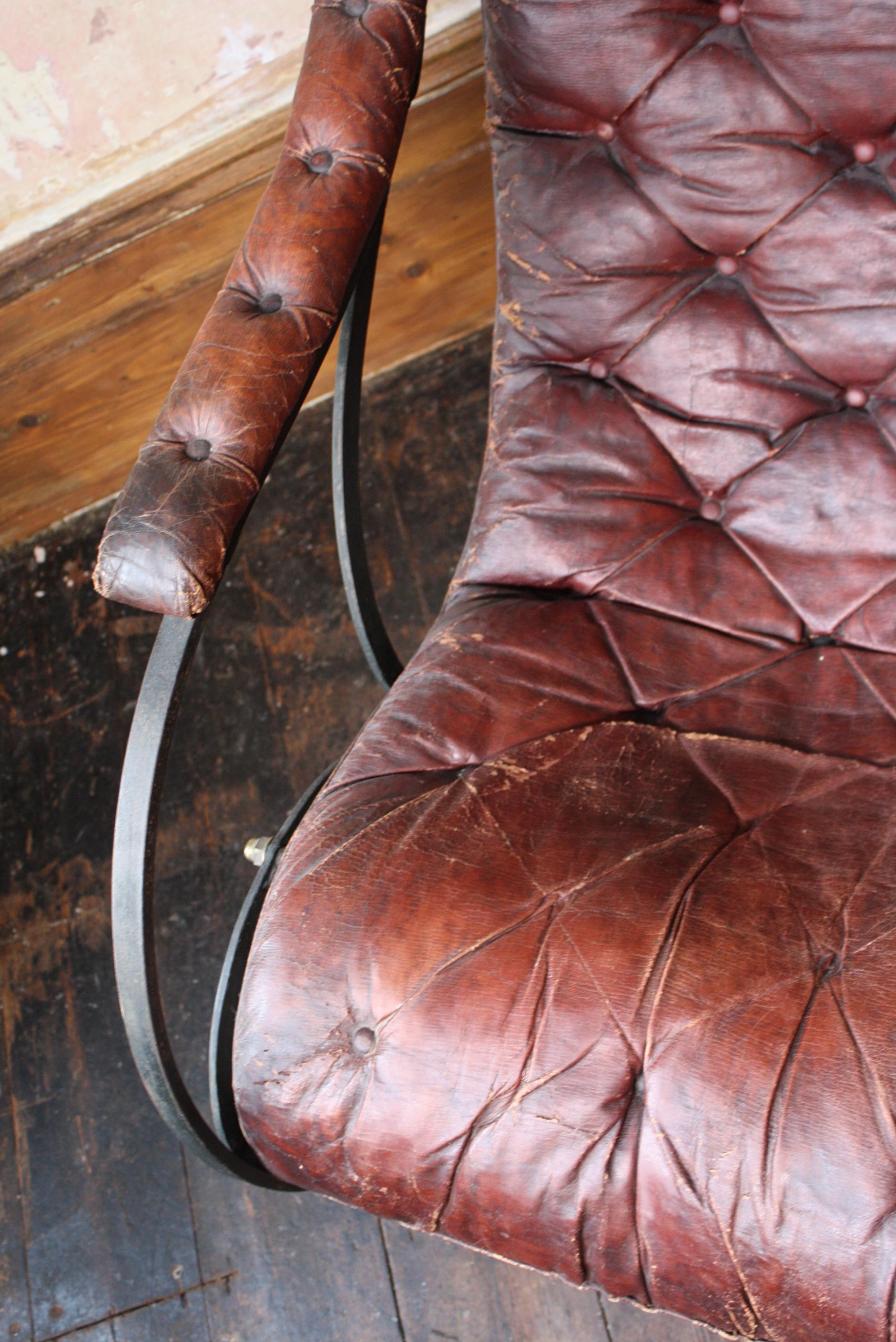 English 19th C Country House Campaign Ox Blood Leather Iron Rocking Chair R.W. Winfield For Sale