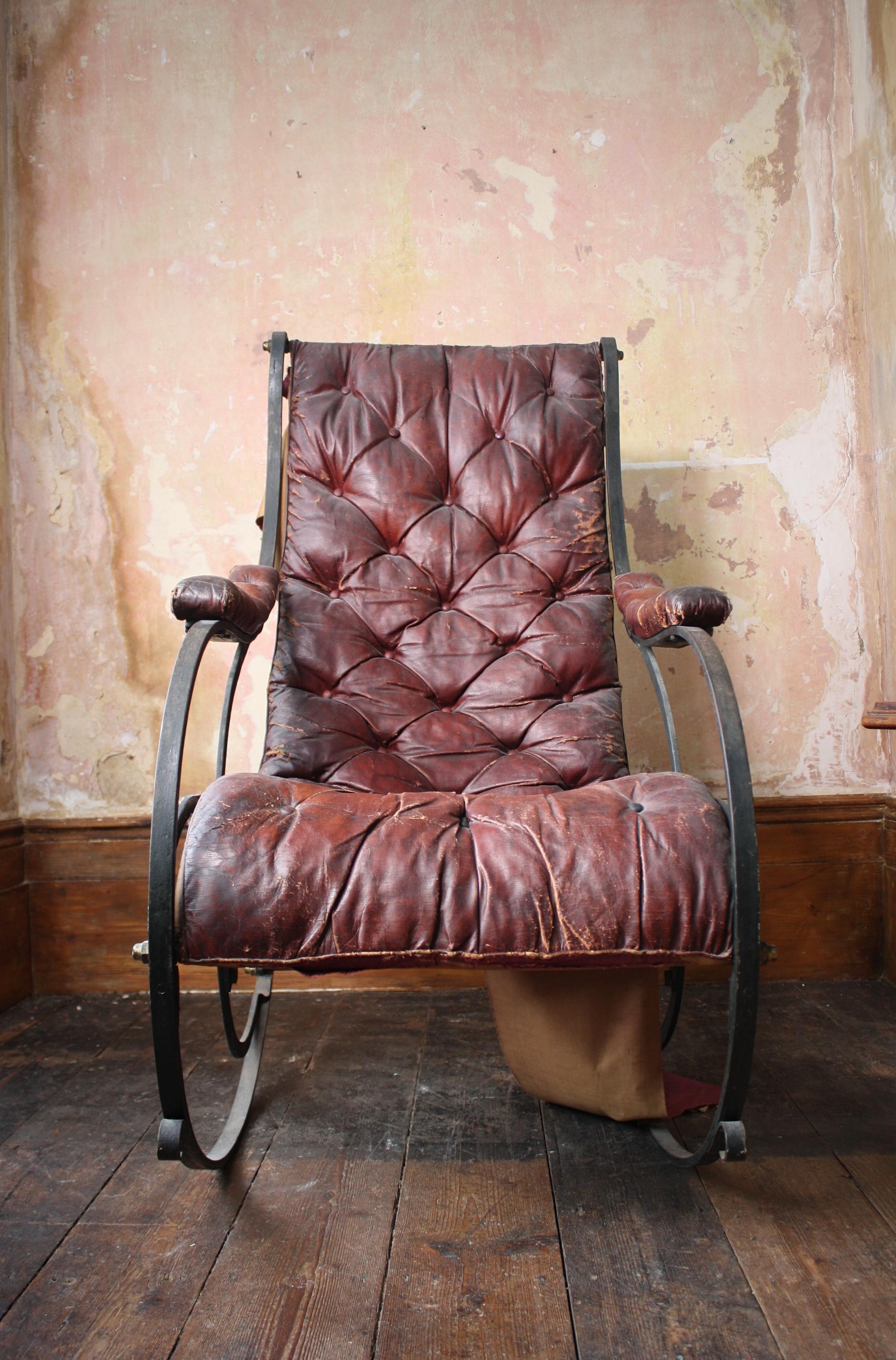 19th Century 19th C Country House Campaign Ox Blood Leather Iron Rocking Chair R.W. Winfield For Sale