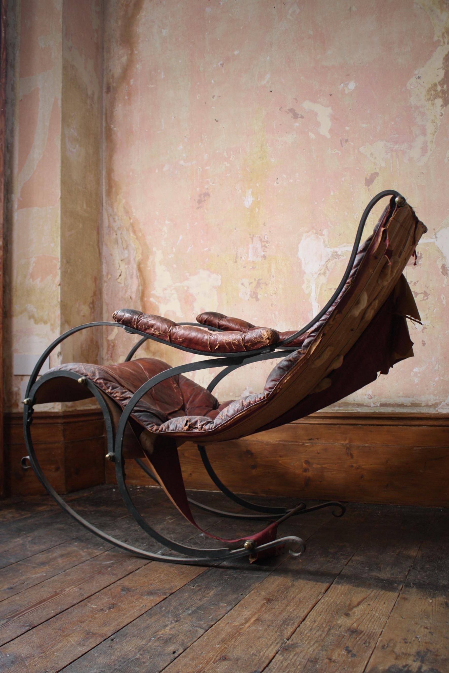 19th C Country House Campaign Ox Blood Leather Iron Rocking Chair R.W. Winfield For Sale 1