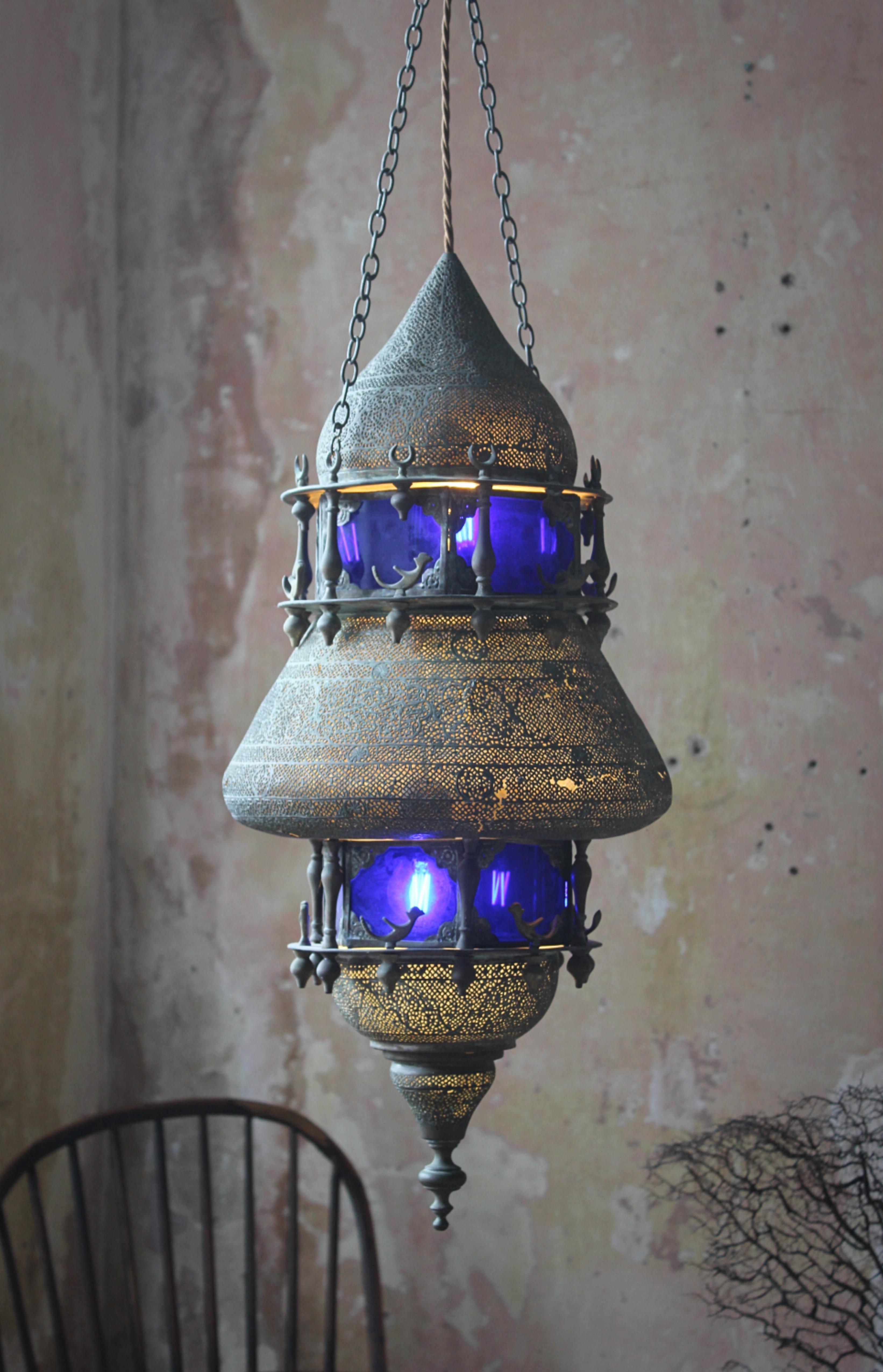 19th C Country House Large Moorish Islamic Pieced Brass & Stained Glass Lantern  In Good Condition For Sale In Lowestoft, GB
