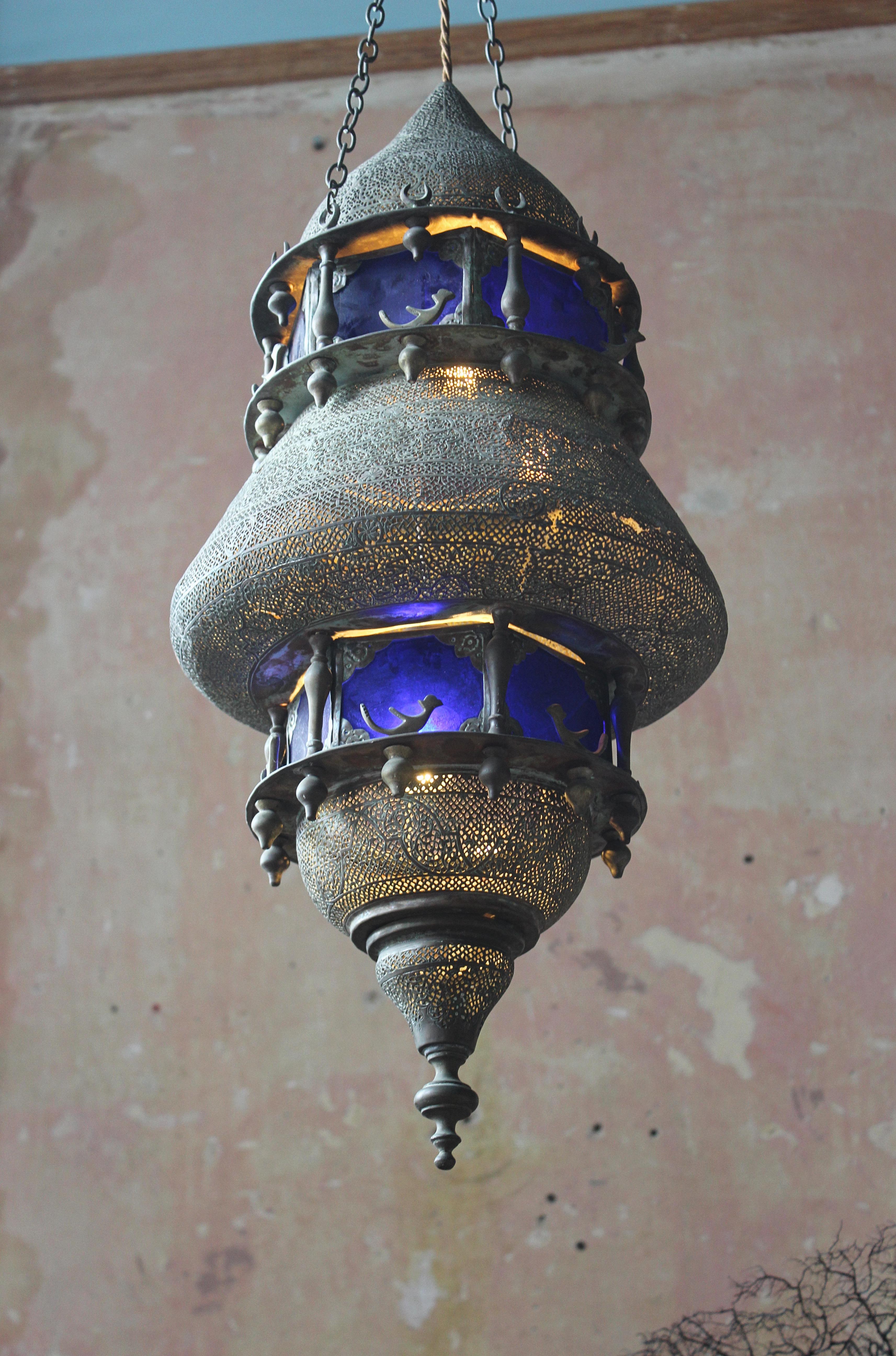 19th C Country House Large Moorish Islamic Pieced Brass & Stained Glass Lantern  For Sale 1