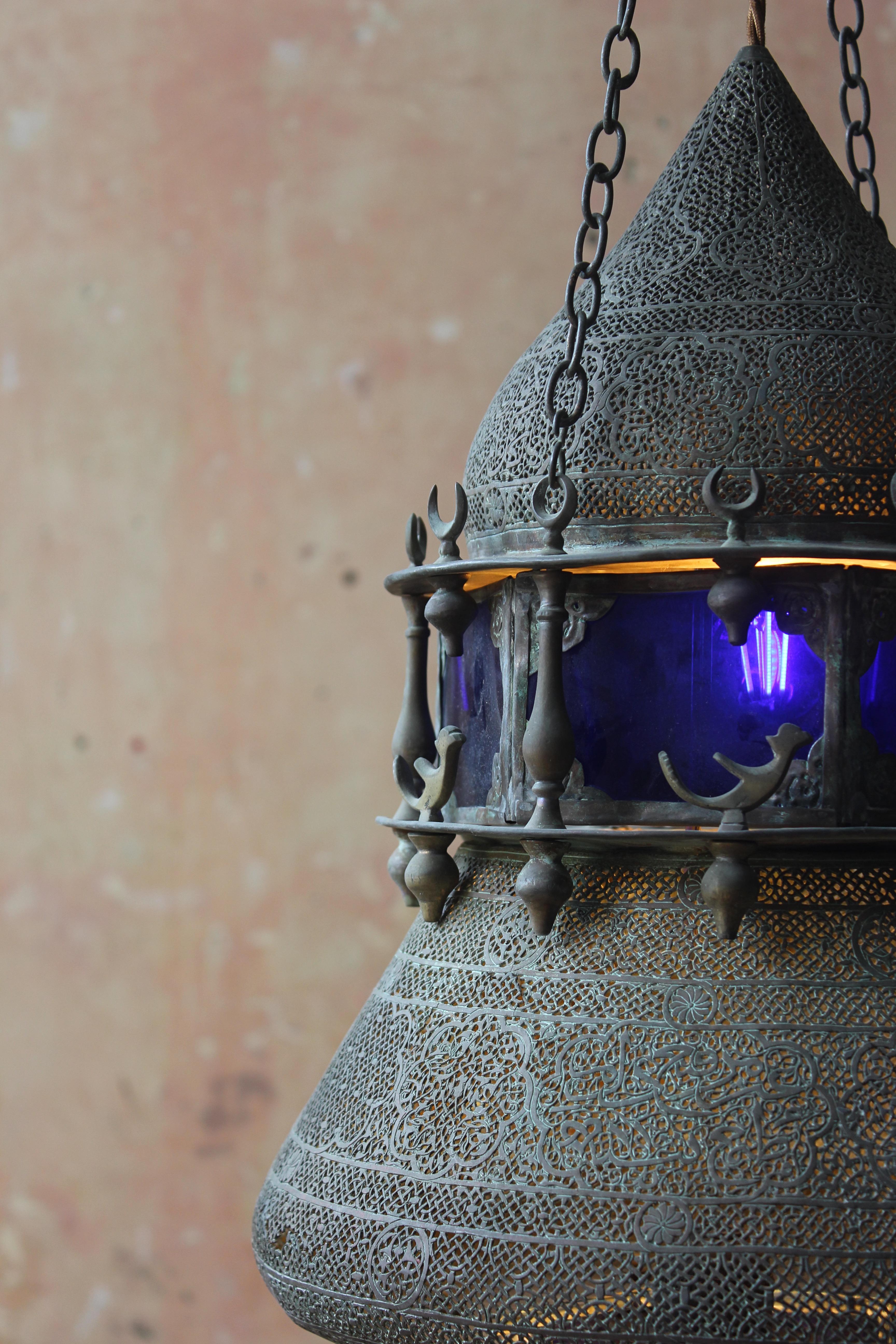19th C Country House Large Moorish Islamic Pieced Brass & Stained Glass Lantern  For Sale 2