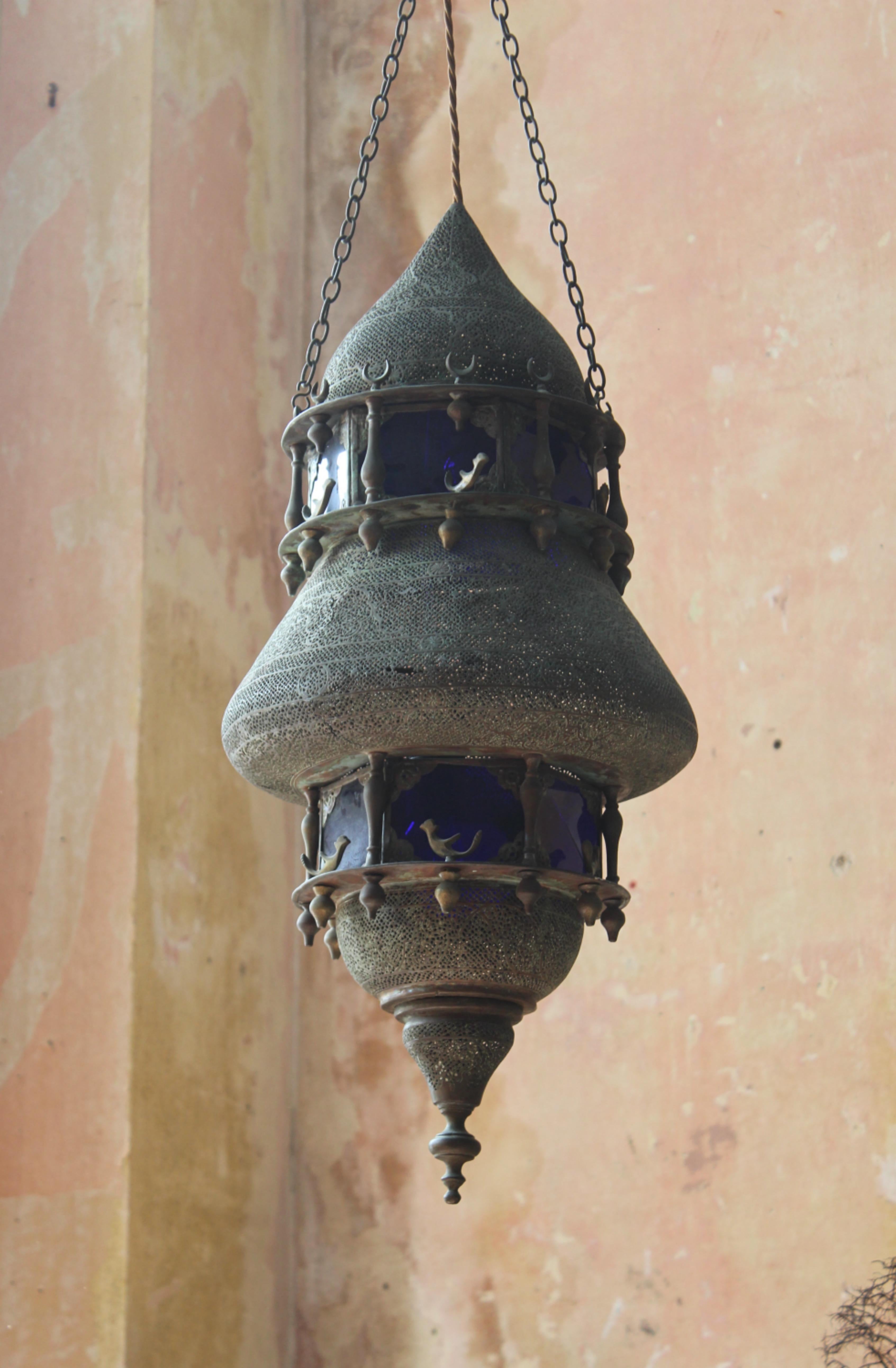 19th C Country House Large Moorish Islamic Pieced Brass & Stained Glass Lantern  For Sale 3