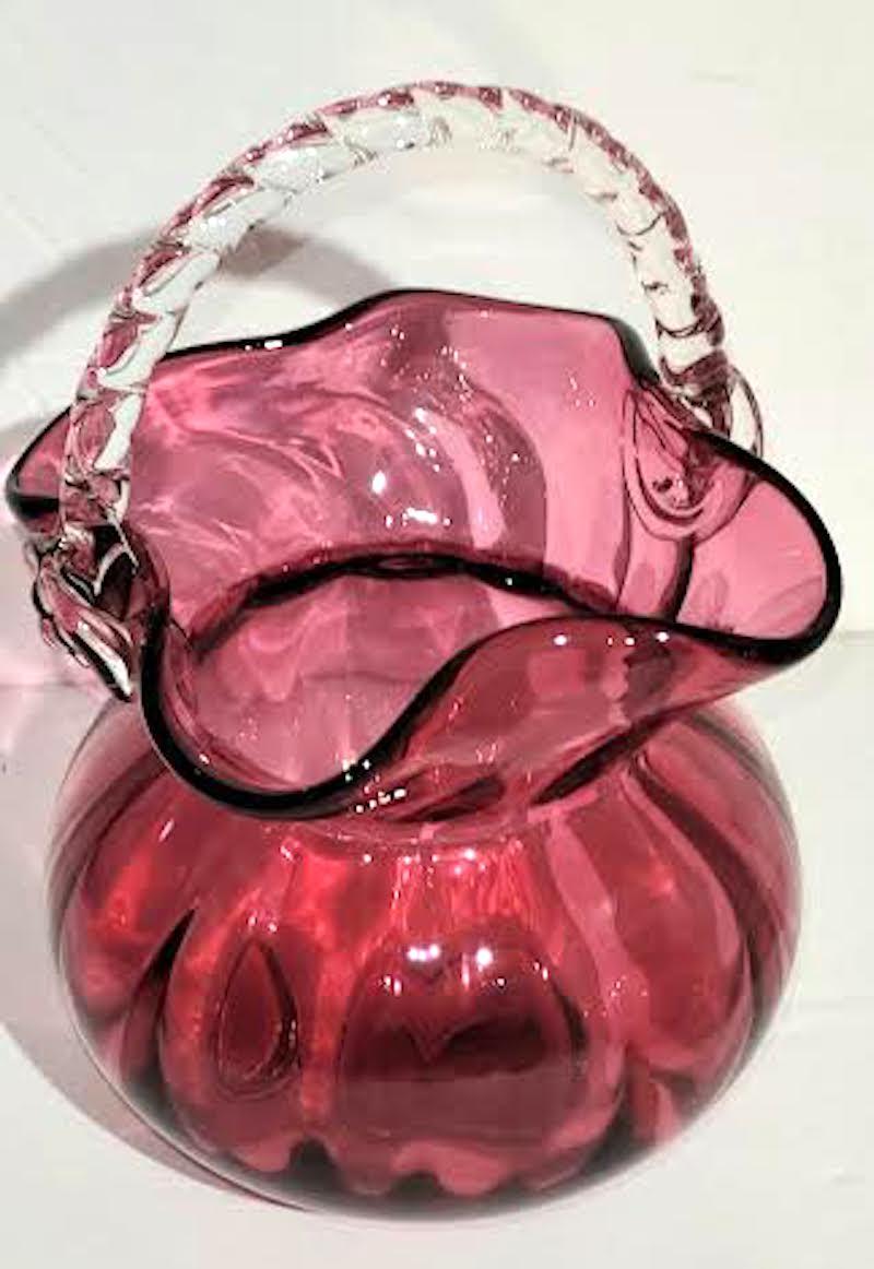 19th C Cranberry Glass Pitcher and Basket For Sale 3