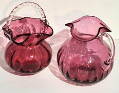 19th C Cranberry Glass Pitcher and Basket